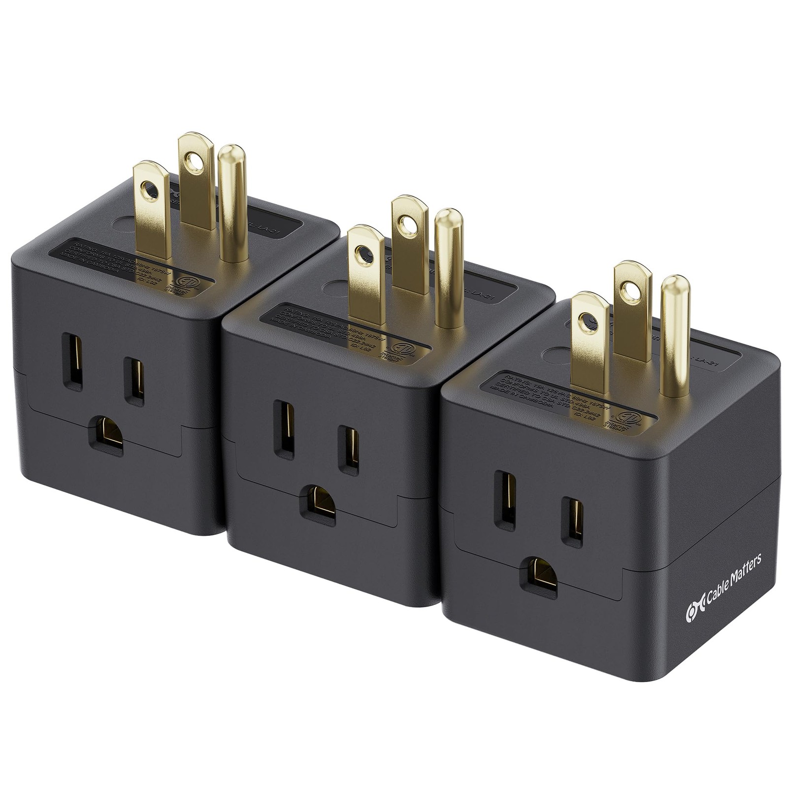 3 Pack 3 Outlet Wall Adapter Grounded Cube Power Tap Plug Splitter Black