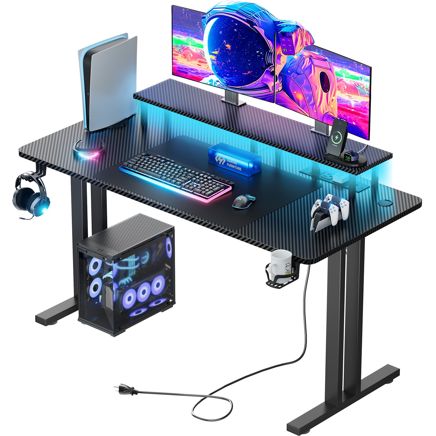 47» Gaming Desk with LED Light & Power Outlets, Gamer Table with Monitor Stand