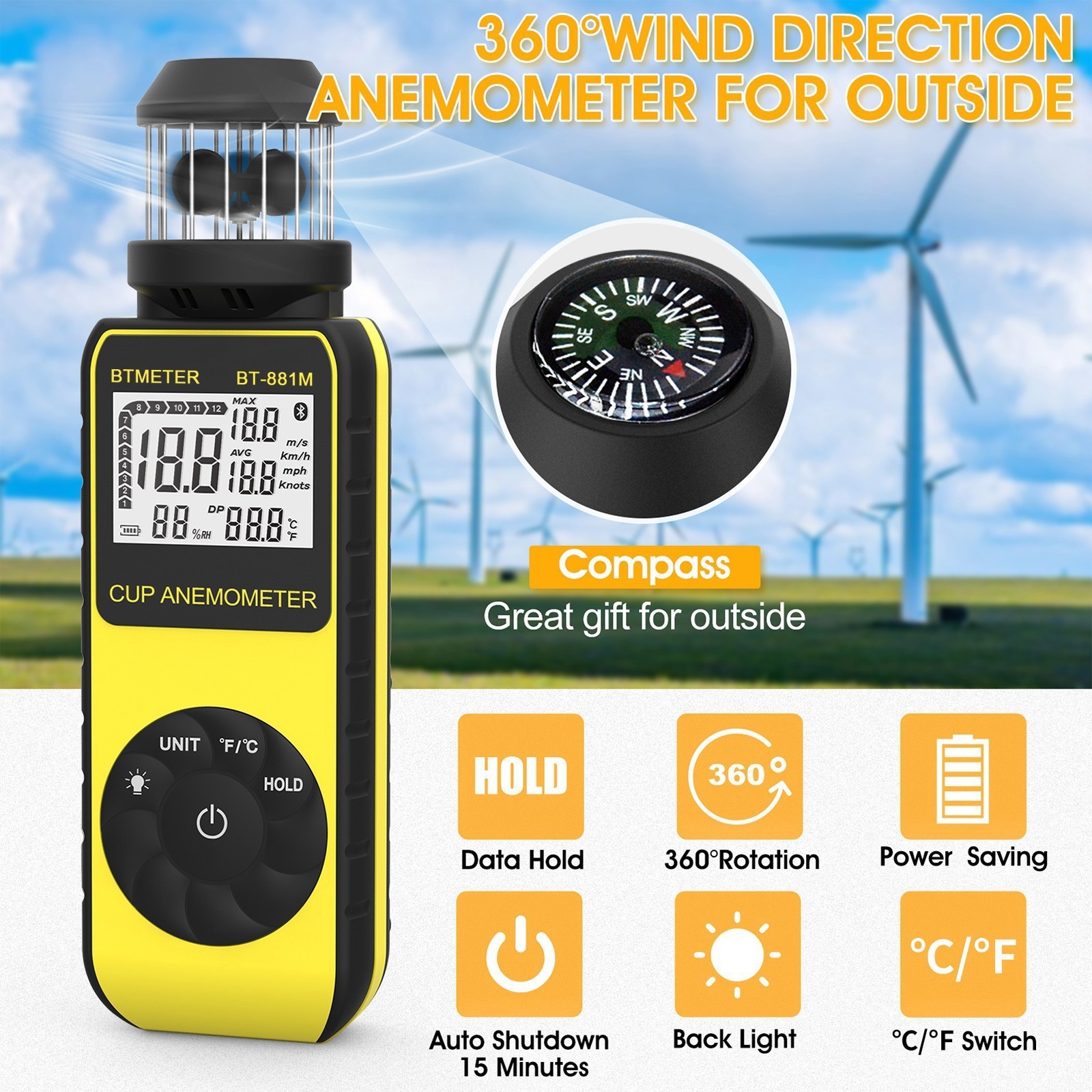 Cup Anemometer, Wind Speed/Temp, 5 Units Backlight Data Hold Max/Avg, Air Flow