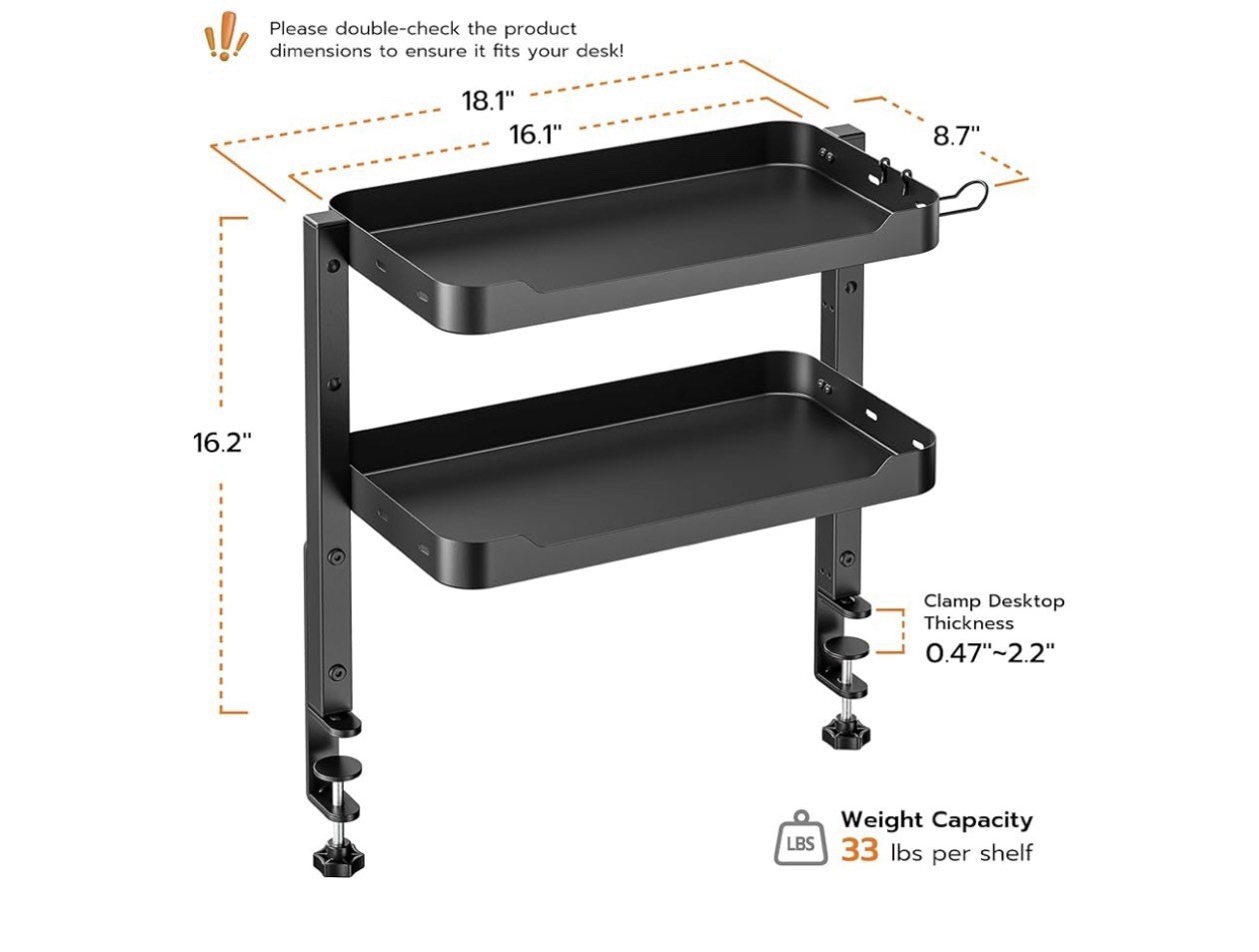 ARES WING 2-Tier Clamp-On Metal Desktop Organizer Shelf 18.1in x 8.7in GOG1004BK