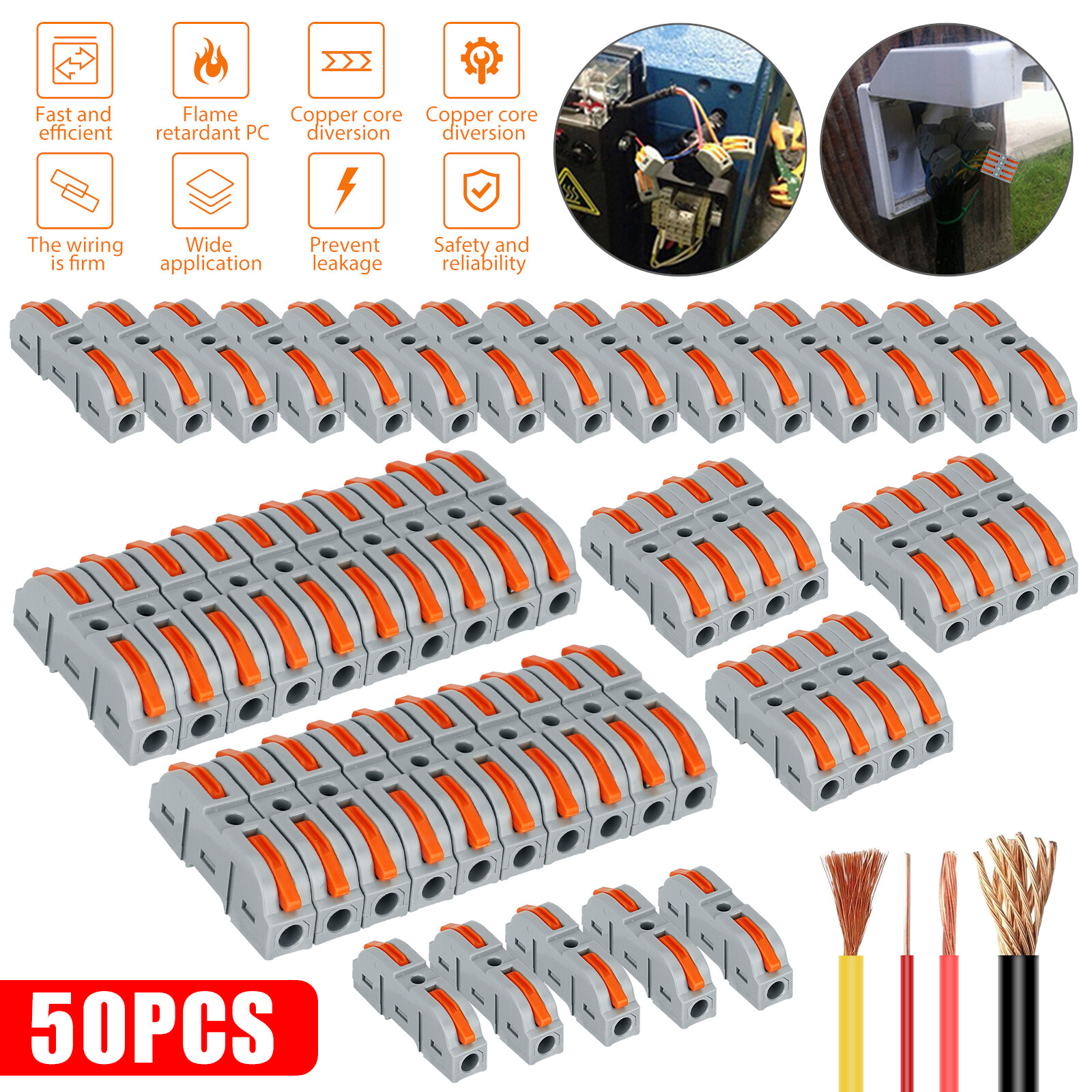 50X Reusable Spring Lever Terminal Block Electric 28-12AWG Wire Cable Connectors