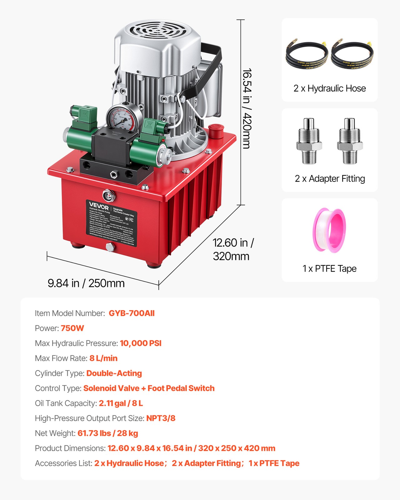 VEVOR Electric Hydraulic Pump 750W 10000 PSI Double Acting Solenoid Valve Pedal