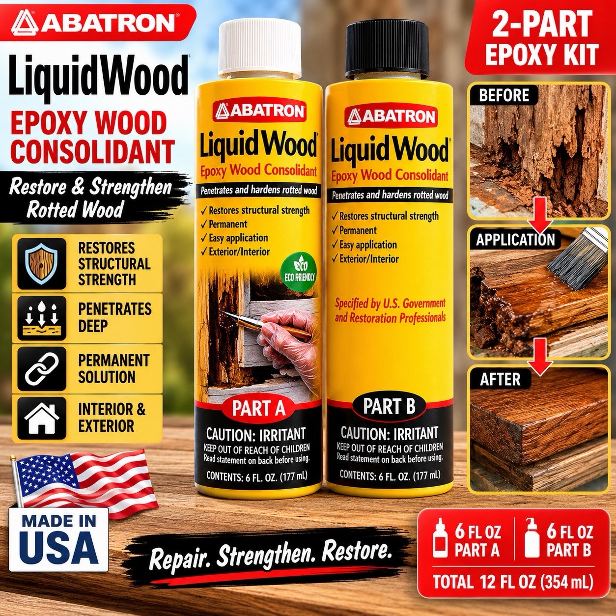 Abatron LiquidWood Epoxy Wood Consolidant Kit 12 Oz Part A & B LWAB6OR