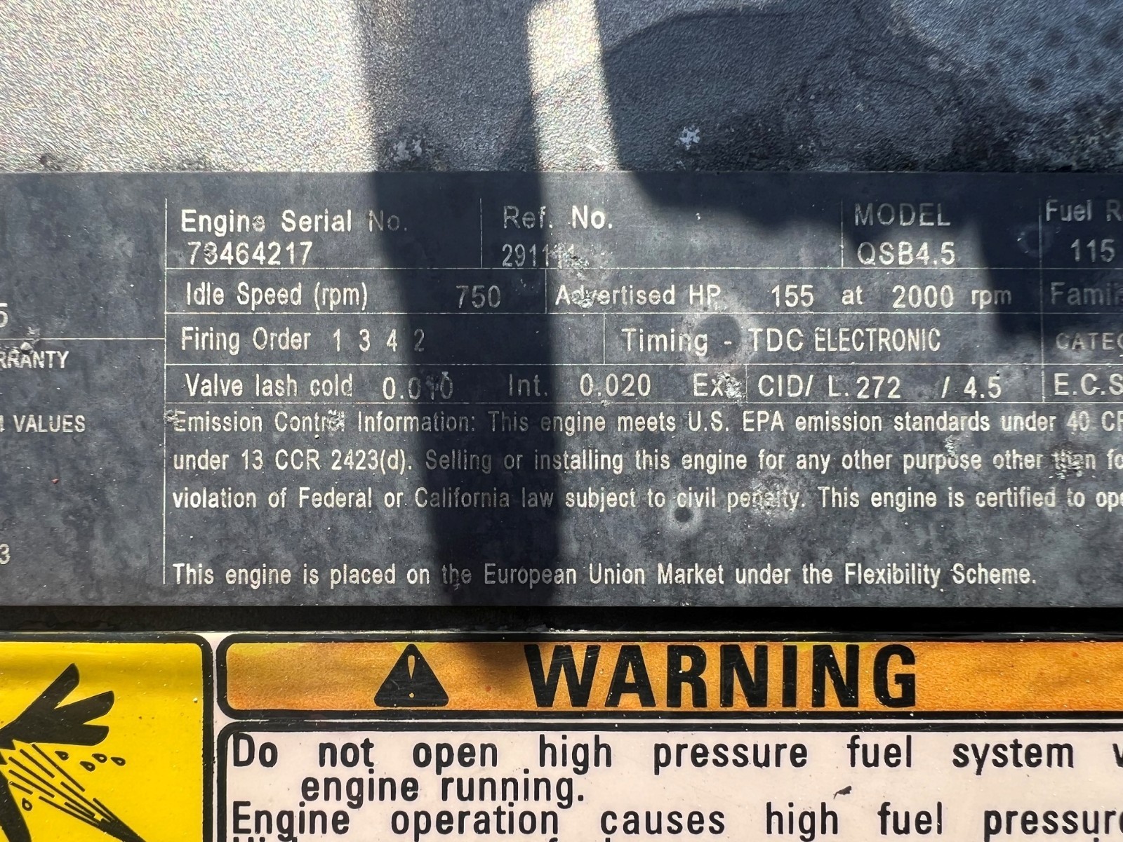 2012 Cummins QSB4.5 Turbo Diesel Engine 155hp, Good runner