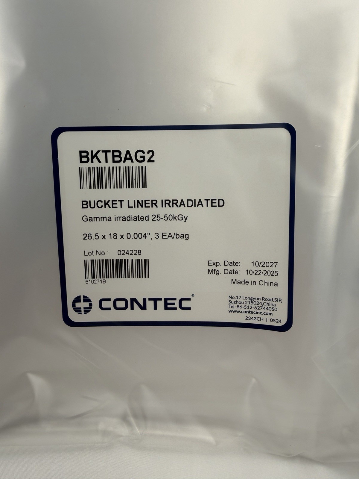 Contec BKTBAG2 Irradiated Bucket Liners 25-50kGy 26.5x18x0.004″ Qty.15×3 -45 bag