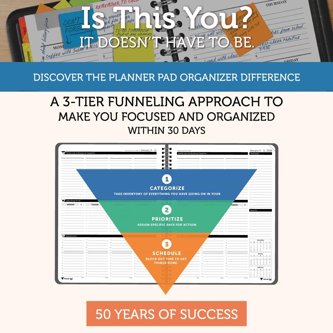 Planner Pad 8.5″ x 11″ Large 3-Tier Funnel Down January-December 2026