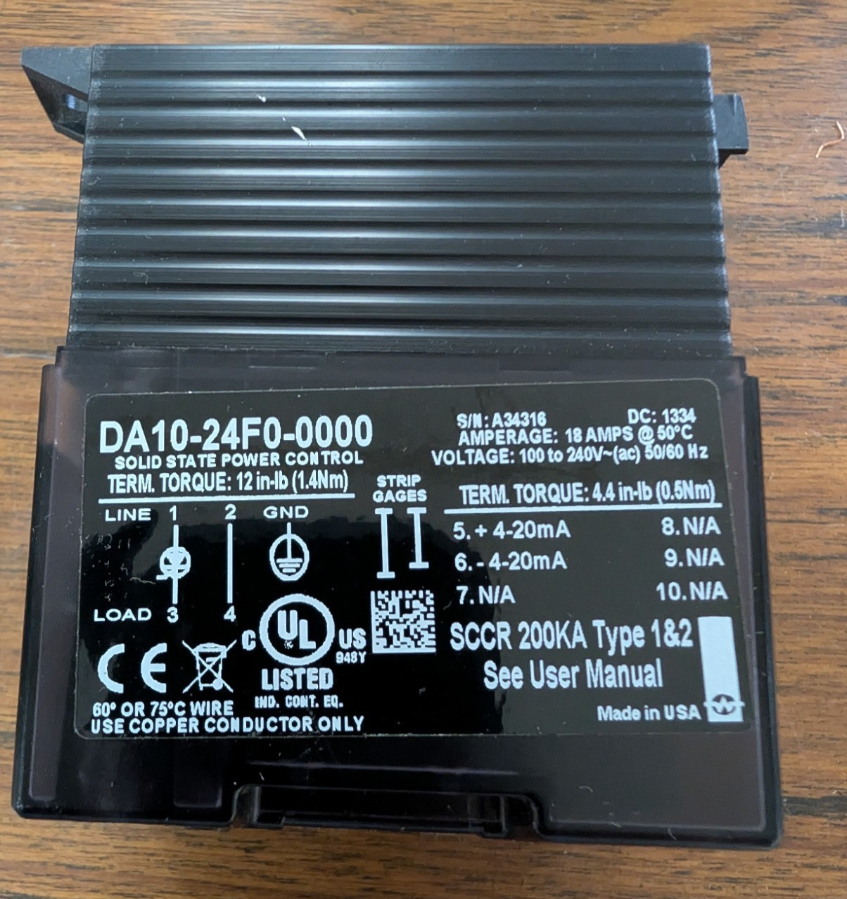 Watlow Din-a-mite DA10-24F0-0000 Solid State Power Control, 4 – 20ma Used