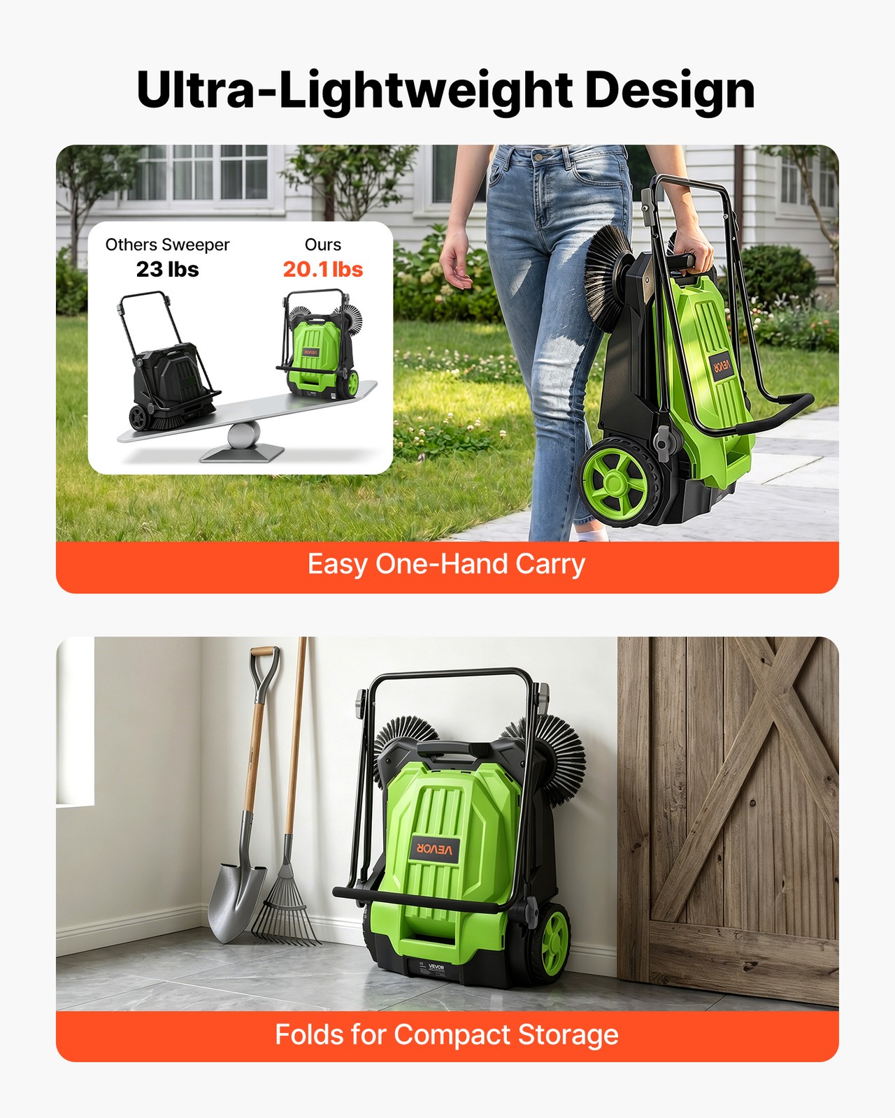 VEVOR Walk-Behind Floor Sweeper Manual Hand Push Sweeper 25.6″ Sweeping Width