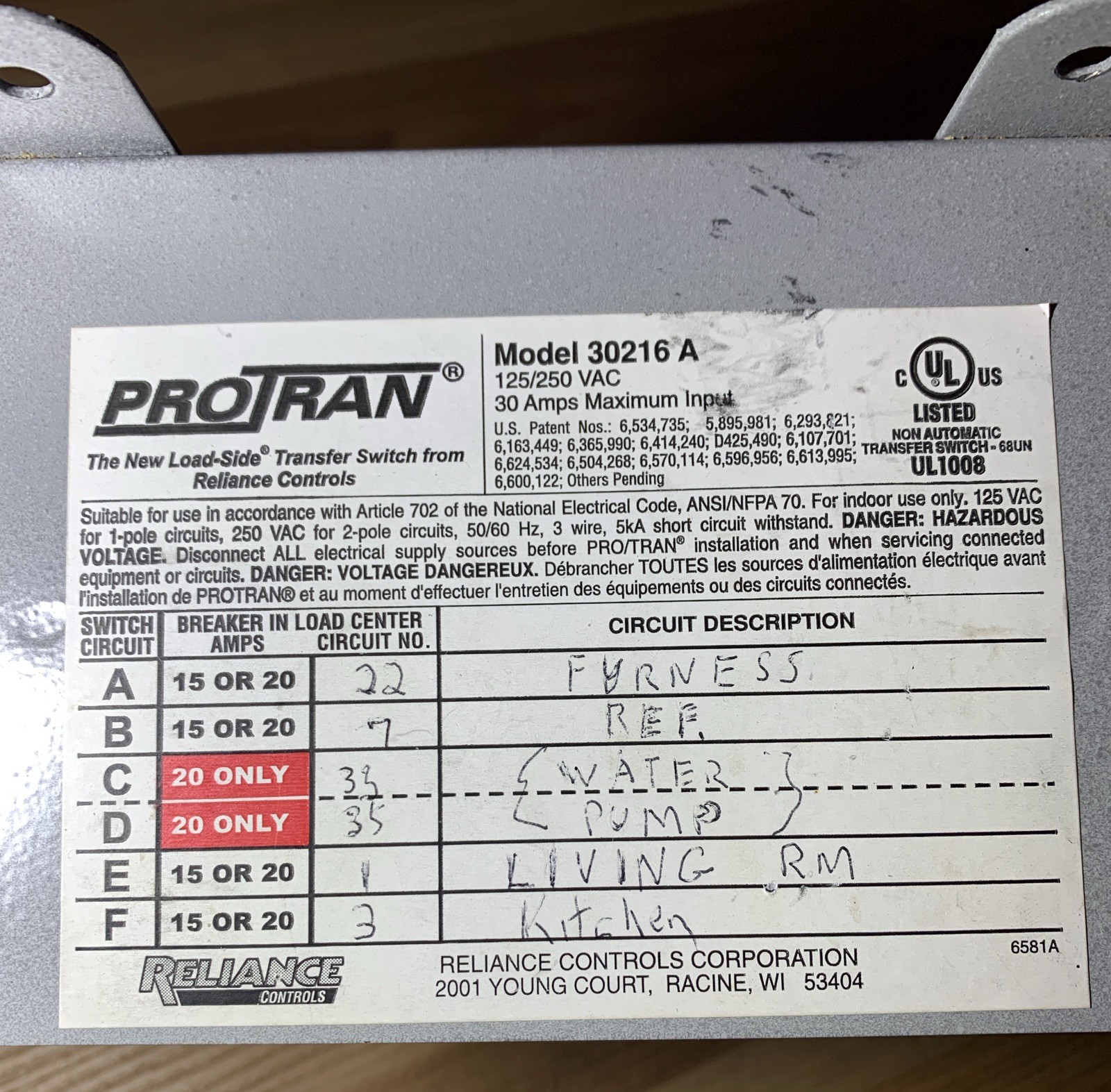 Reliance Controls PROTRAN 30216A 30 Amps 6 Circuit Transfer Switch
