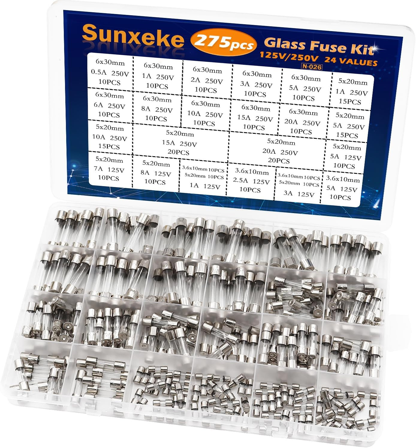 275Pcs Glass Fuse Assortment Fast Blow 24 Values 5x20mm 6x30mm 125V 250V Fuses