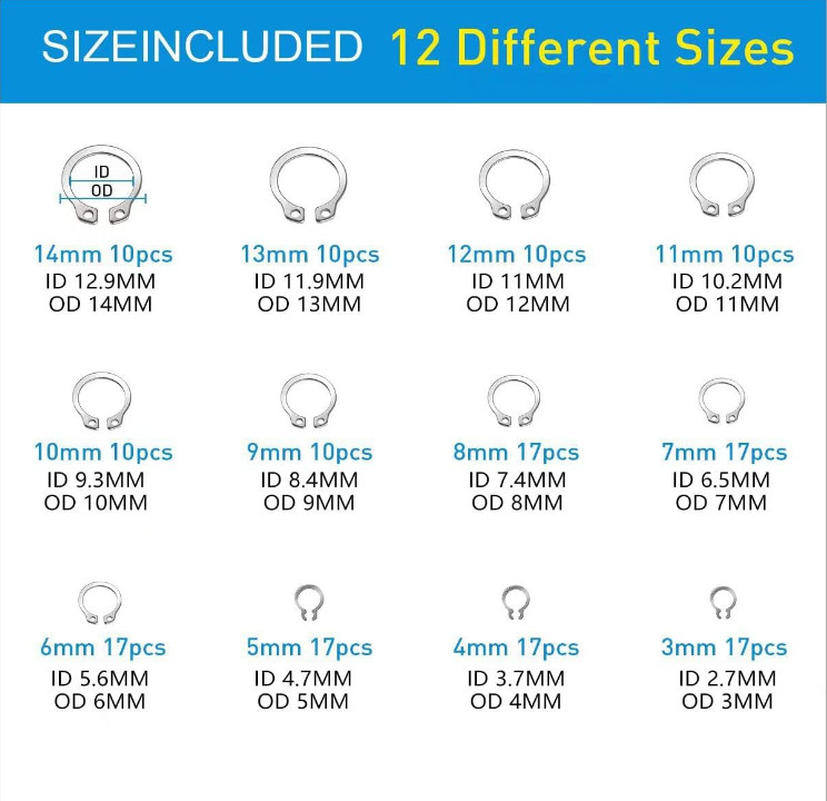327Pcs Stainless Steel E-Clip Circlip Kit Retaining Ring Assortment Set 24 Sizes