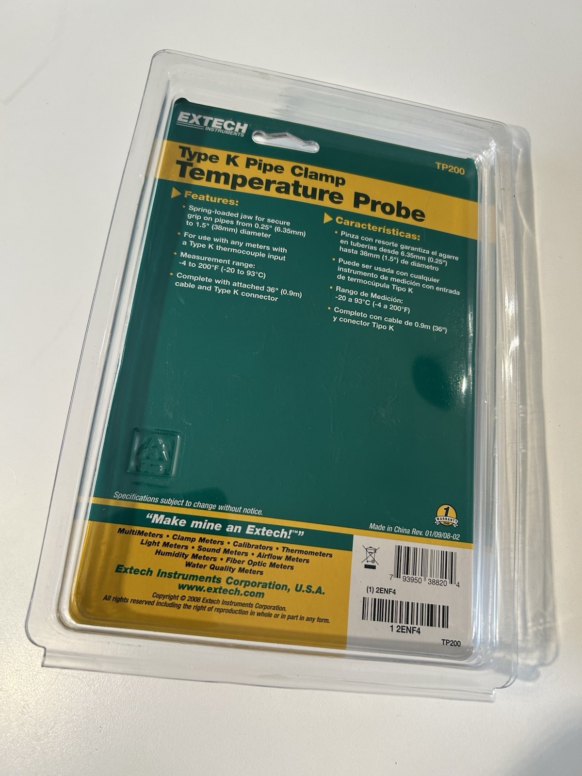 Extech Instruments TP200 Type K Pipe Clamp Temperature Probe New Sealed