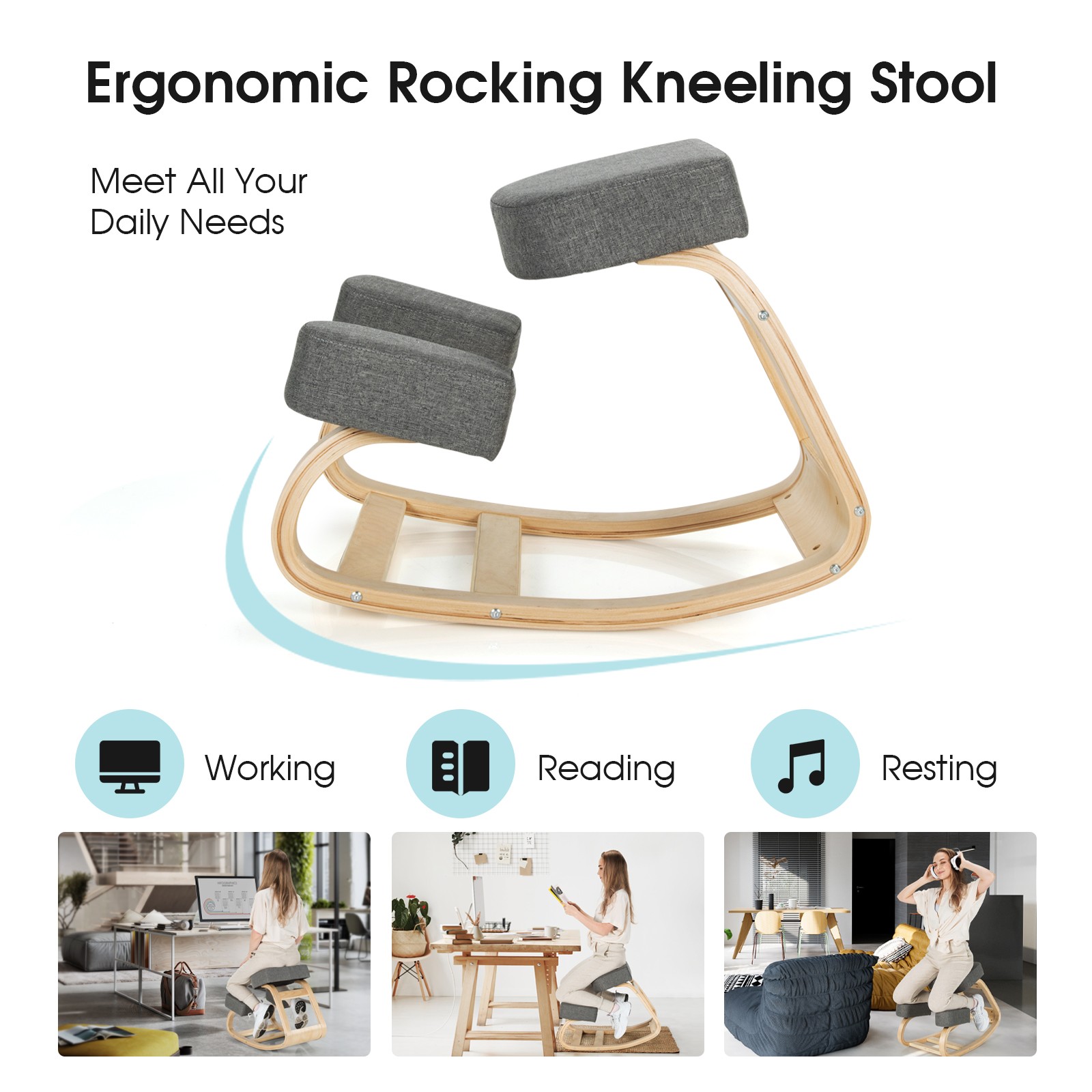 Costway Ergonomic Kneeling Chair Rocking Office Desk Stool Upright Posture Grey