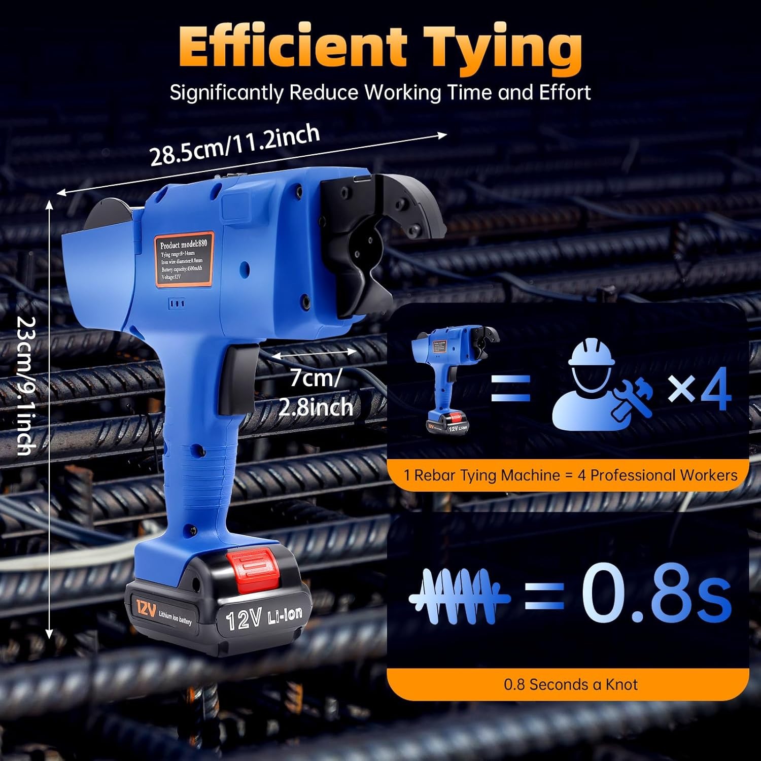 Rebar Tier Gun, 8-34Mm Rebar Tying Tool with 2Pcs 4500Mah Batteries, Blue