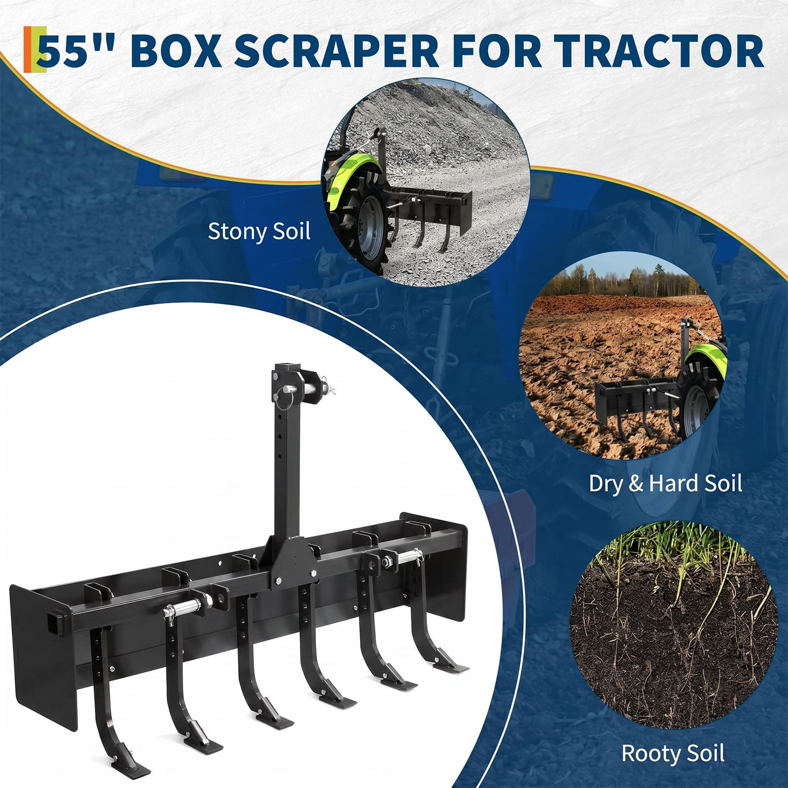 55″ Box Blade Scraper W/ 6 Scarifier Shank For CAT 0 & CAT 1 Tractors, 3 Point