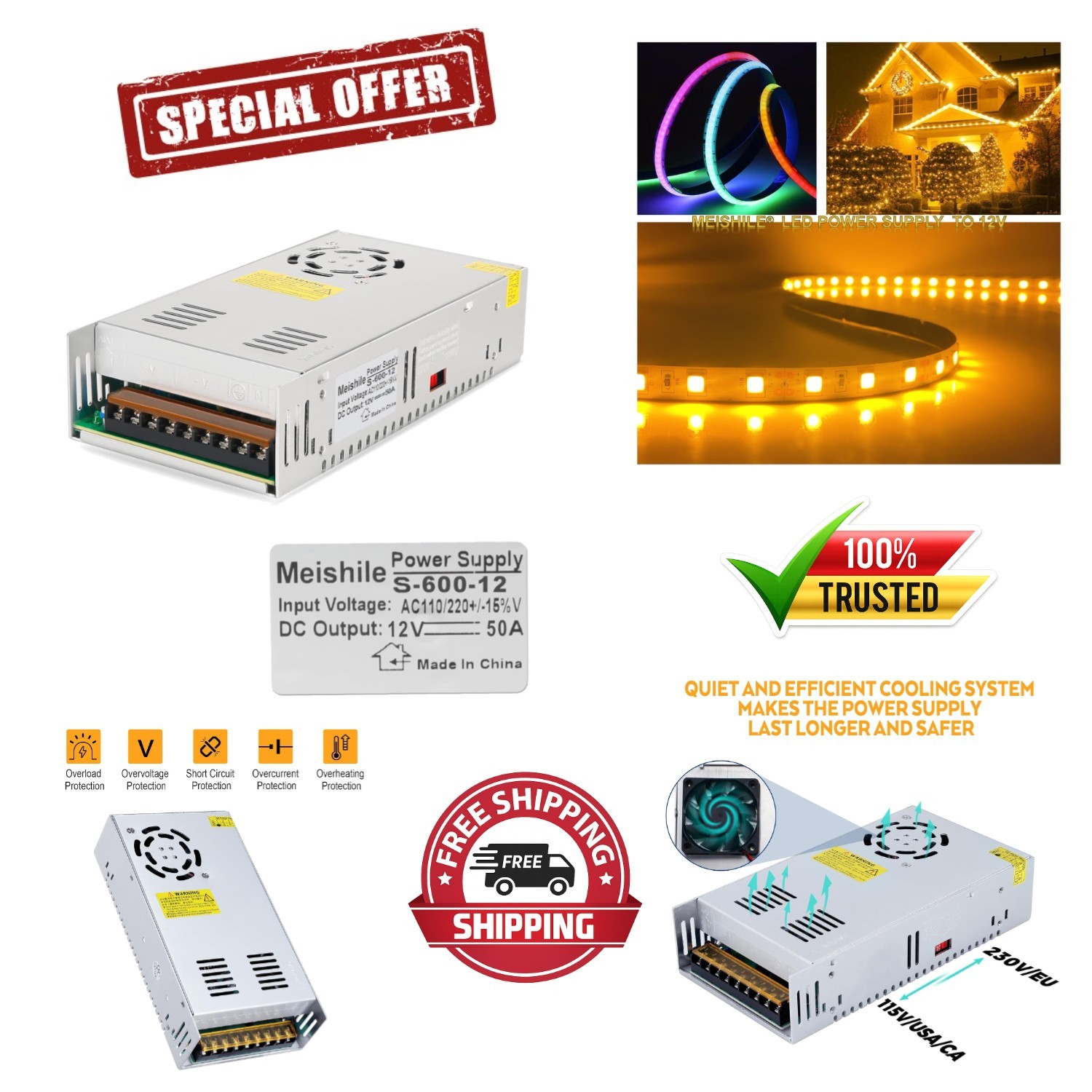 Compact 12V 50A Power Supply – 600W AC-DC Adapter for Electronics and Motors