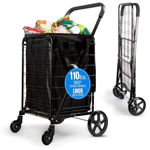 SereneLife Portable Folding Utility Cart with 360° Swivel Wheels (Black)