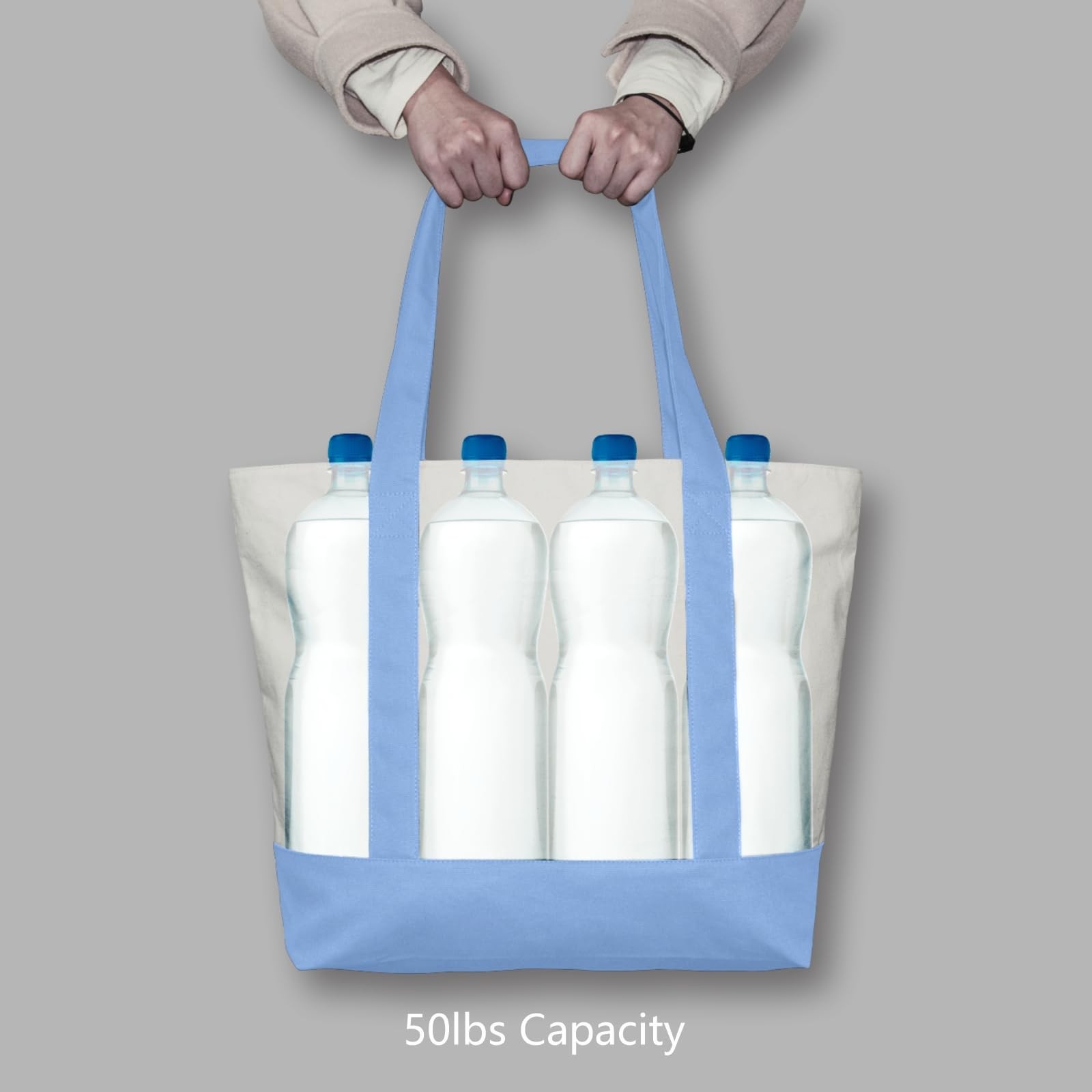 TOPDesign 1-Pack Canvas Tote Bag with an External Large, Light Blue/Natural