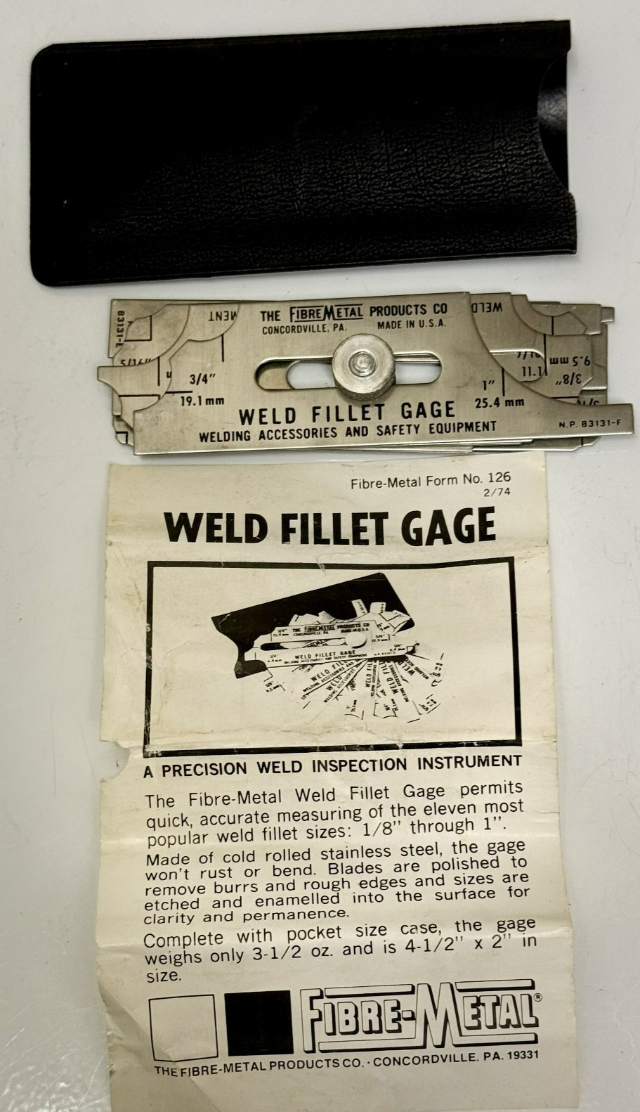 Fibre-Metal Products Weld Fillet Gauge 7 Pc Set Vintage Inspection Tool w/ Paper