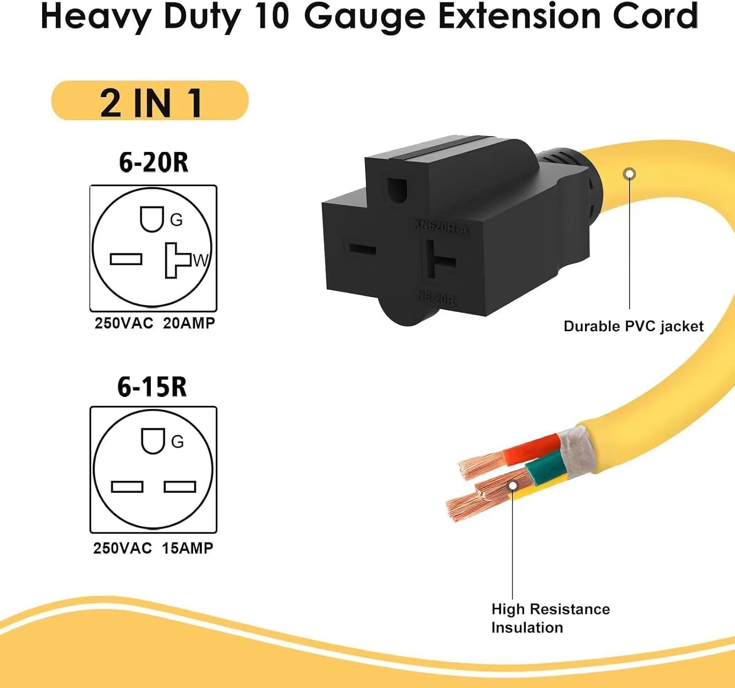 10 AWG Heavy Duty NEMA 14-50P to 6-20R 250 Volt 4-Prong 50 Amp to 20 Amp Adapter