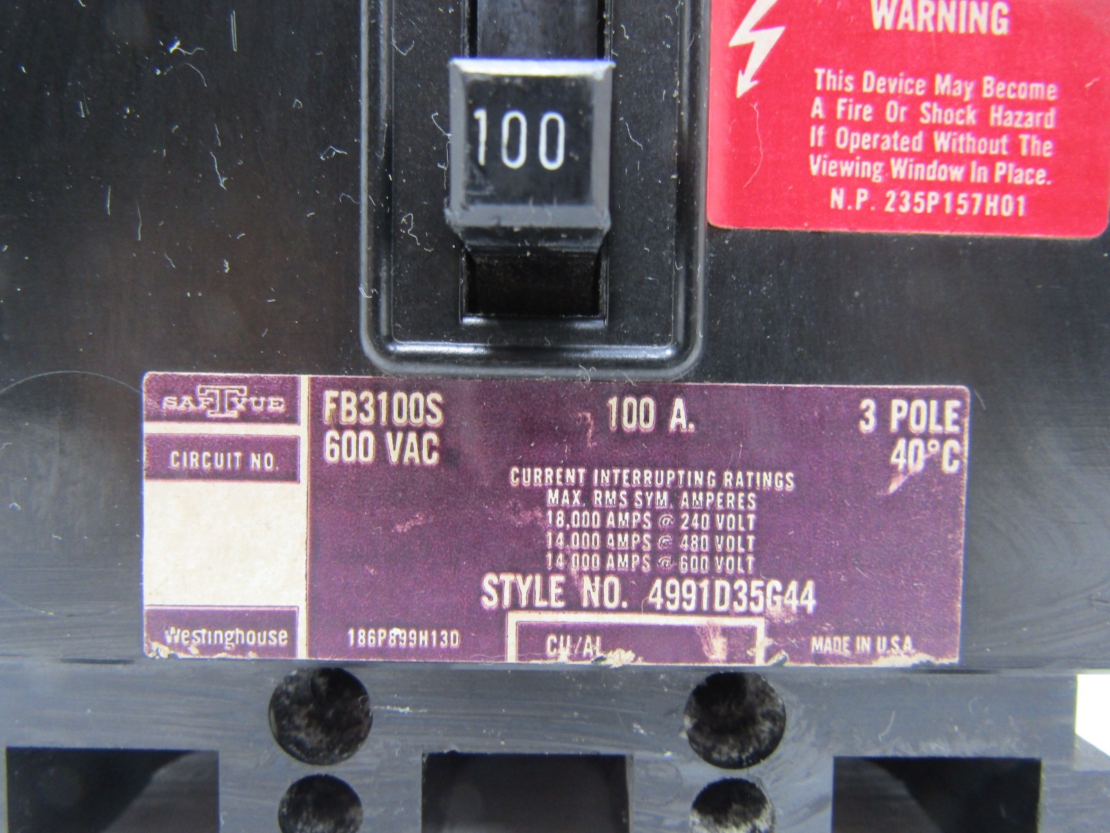 Westinghouse FB3100S 100 Amp 600V 3-Pole SafTvue Circuit Breaker 100A 4991D35G44