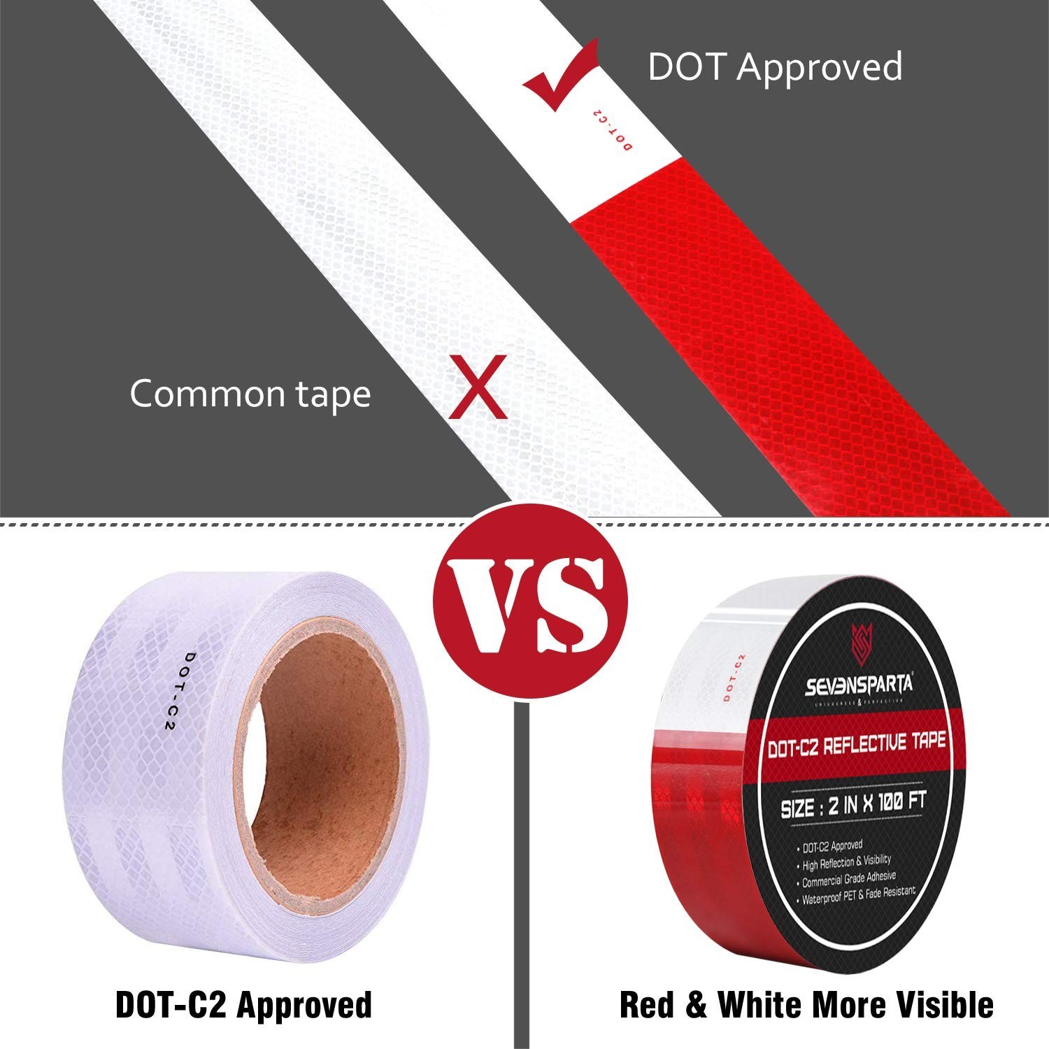 DOT-C2 Reflective Safety Tape 2 Inch x 200 Feet Red/White Conspicuity Tape fo…