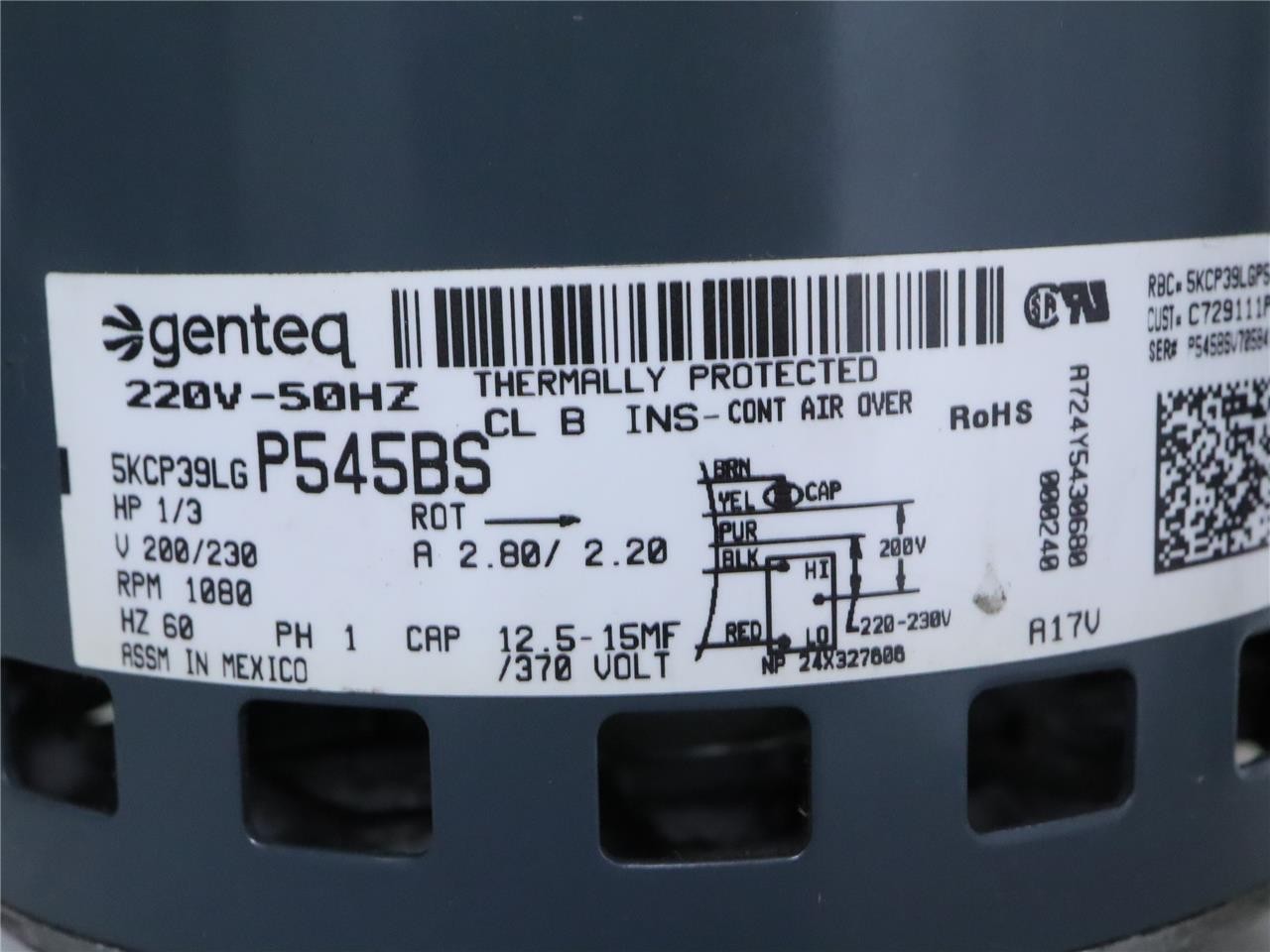 GENTEQ Motors 5KCP39LGP545BS Blower Motor 1/3HP 200/230V 1080RPM C729111P01