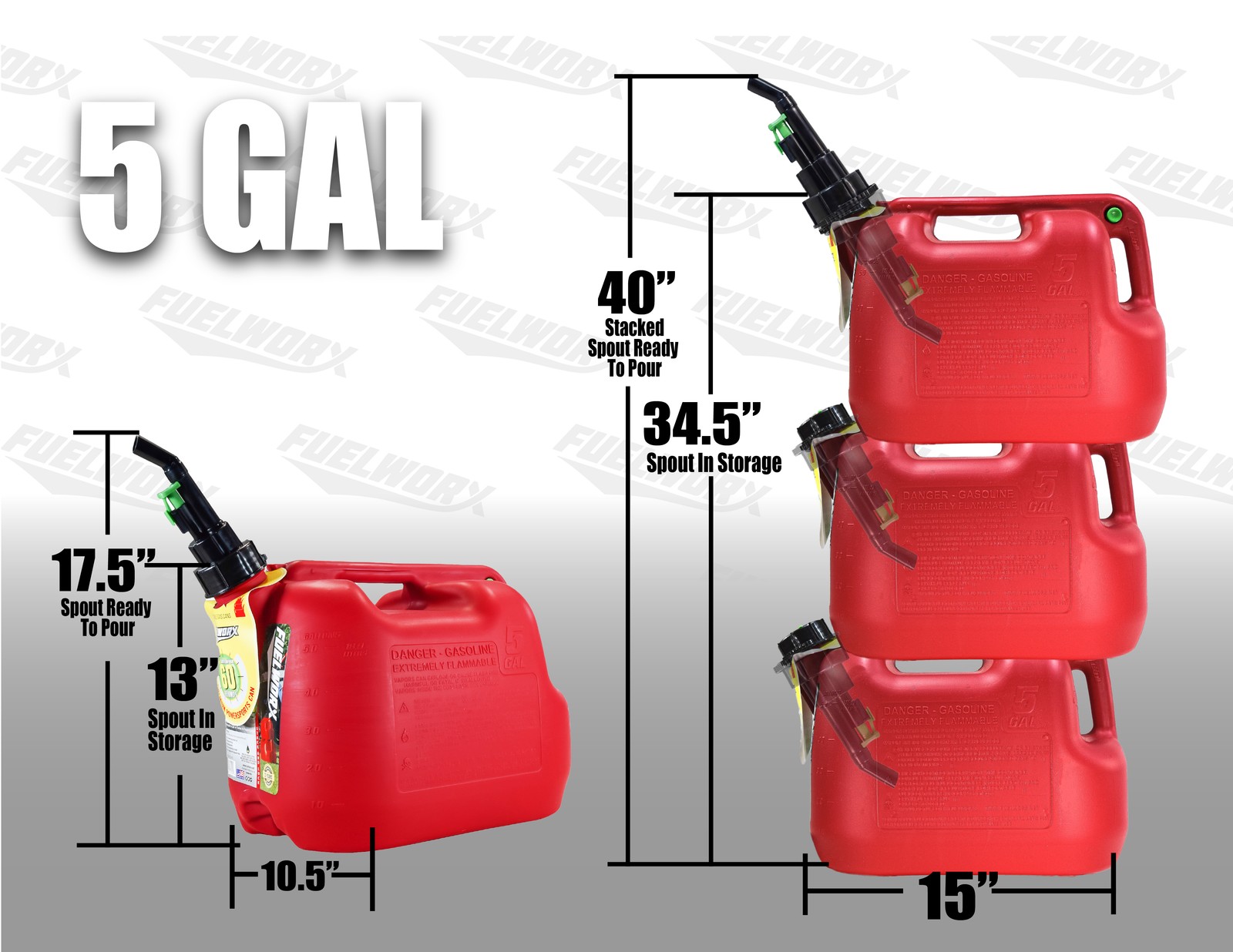 Fuelworx Red 5 Gallon Stackable Fast Pour Gas Fuel Can CARB Compliant 3-Pack
