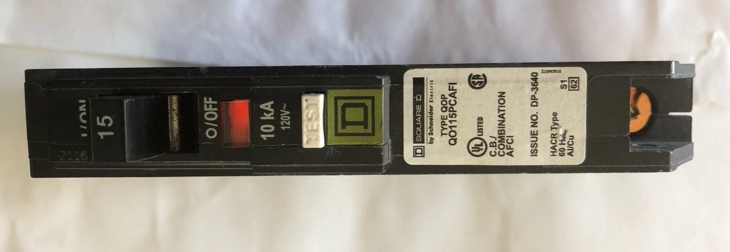 Square D QO115PCAFI Arc Fault Circuit Breaker plug on Neutral (no pigtail) 15A