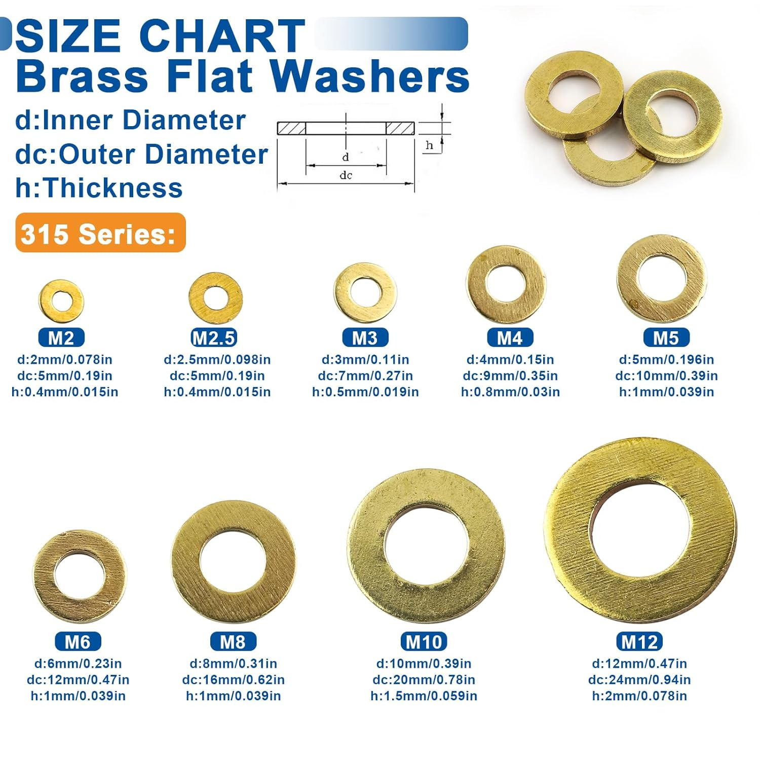 315 Pieces Brass Washer Assortment Kit Metric Flat Washers 9 Sizes Assorted Set