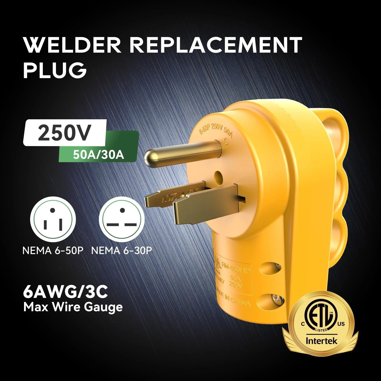 Welder Plug 50 Amp NEMA 6-50P Replacement Male Plug Heavy Duty Yellow ETL Listed