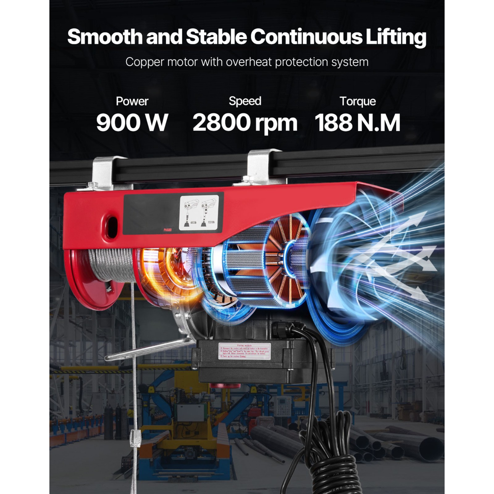 VEVOR Electric Hoist Crane Winch 1320 lbs 328 ft Wireless & 14 ft Wired Remote