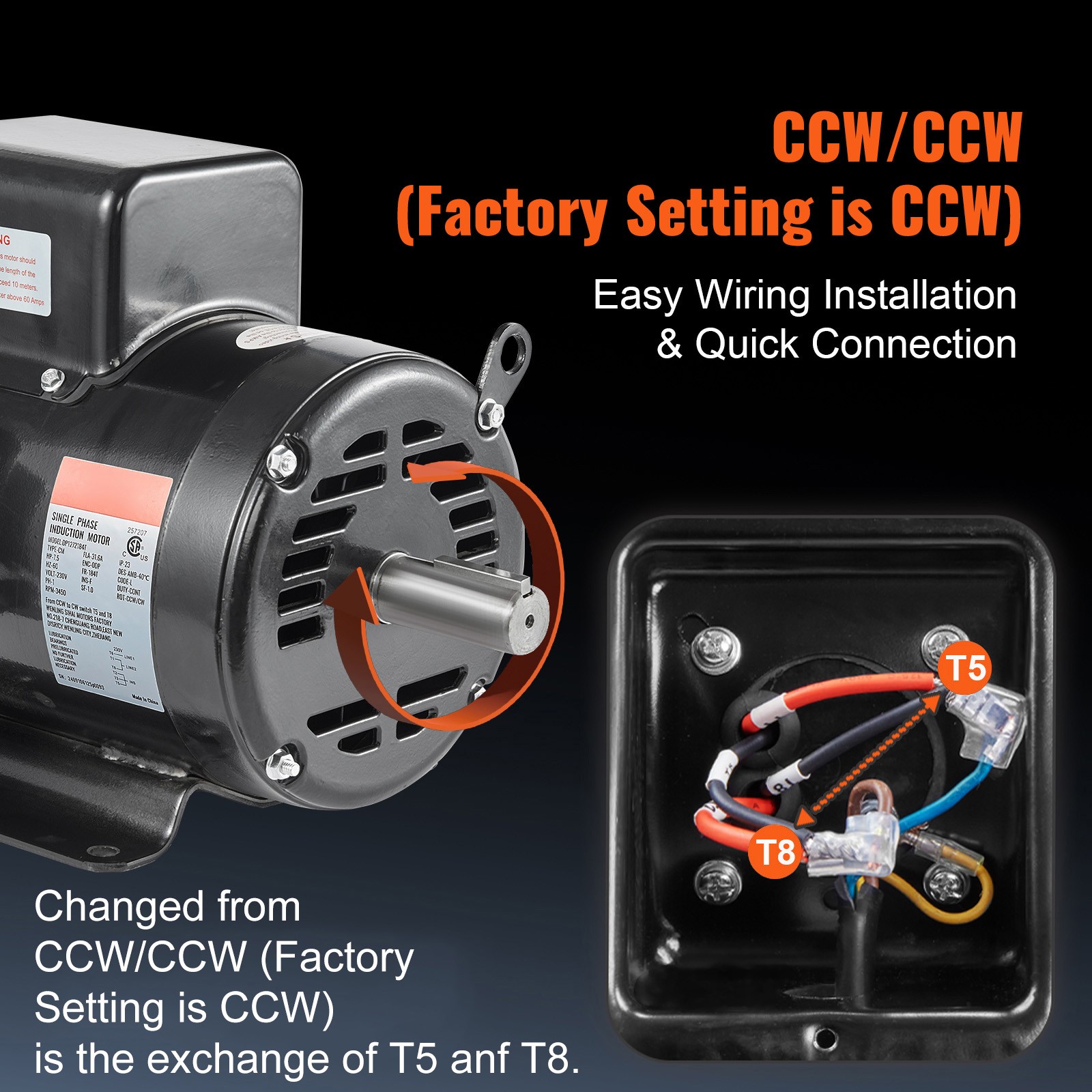 VEVOR 7.5HP Air Compressor Electric Motor 230V 3450RPM 184T Frame CW/CCW Rotate