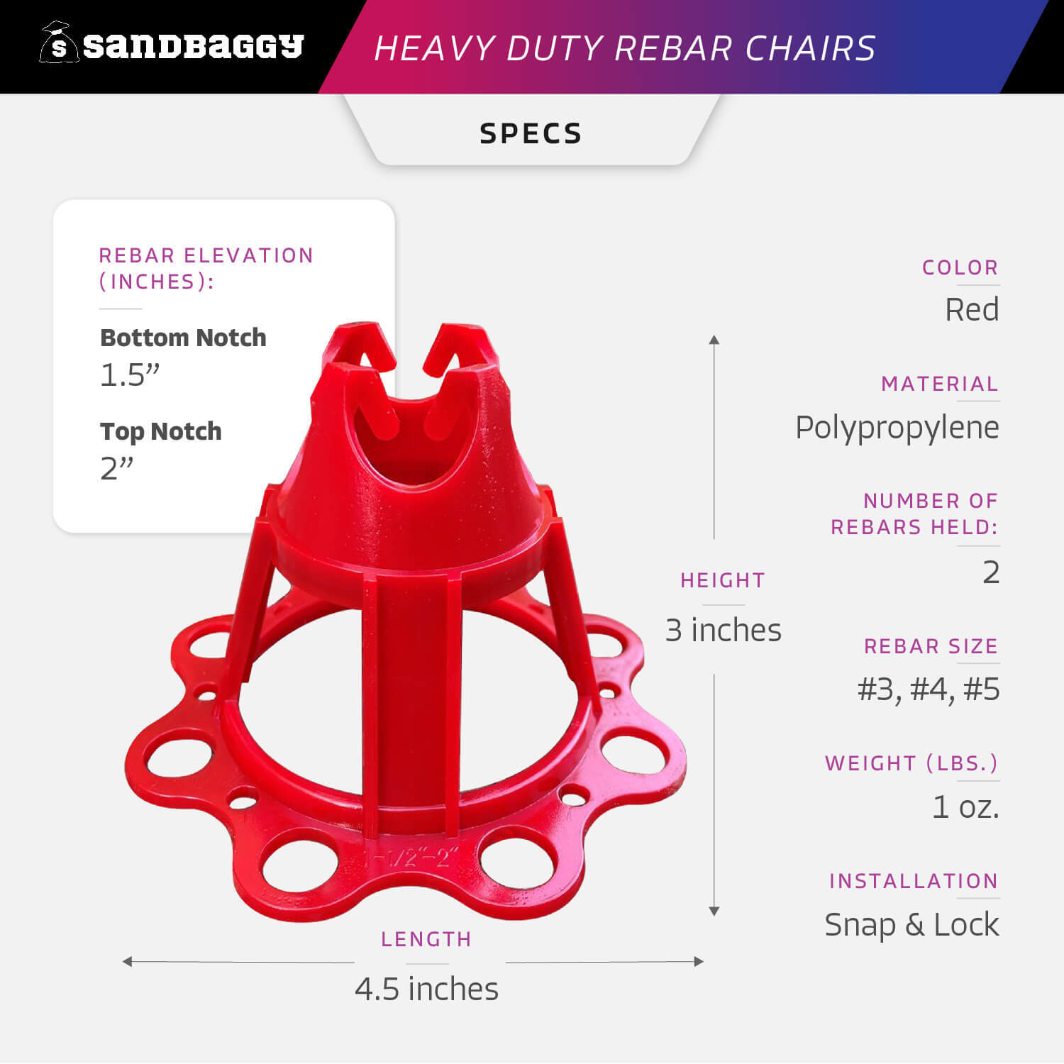 Sandbaggy Plastic Rebar Chair – Elevates Rebar 1 ½” or 2″ – Rebar #3 to #5 (Red)