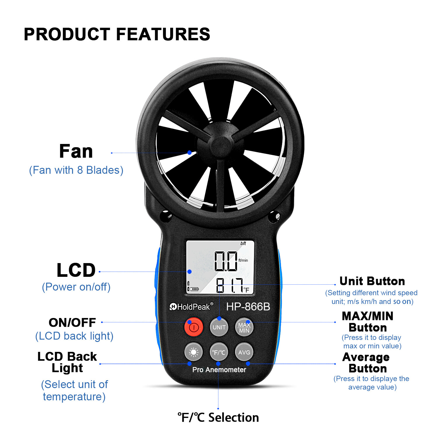 Digital Anemometer 67.1mph 113°F Backlit LCD Wind Chill Portable Outdoor