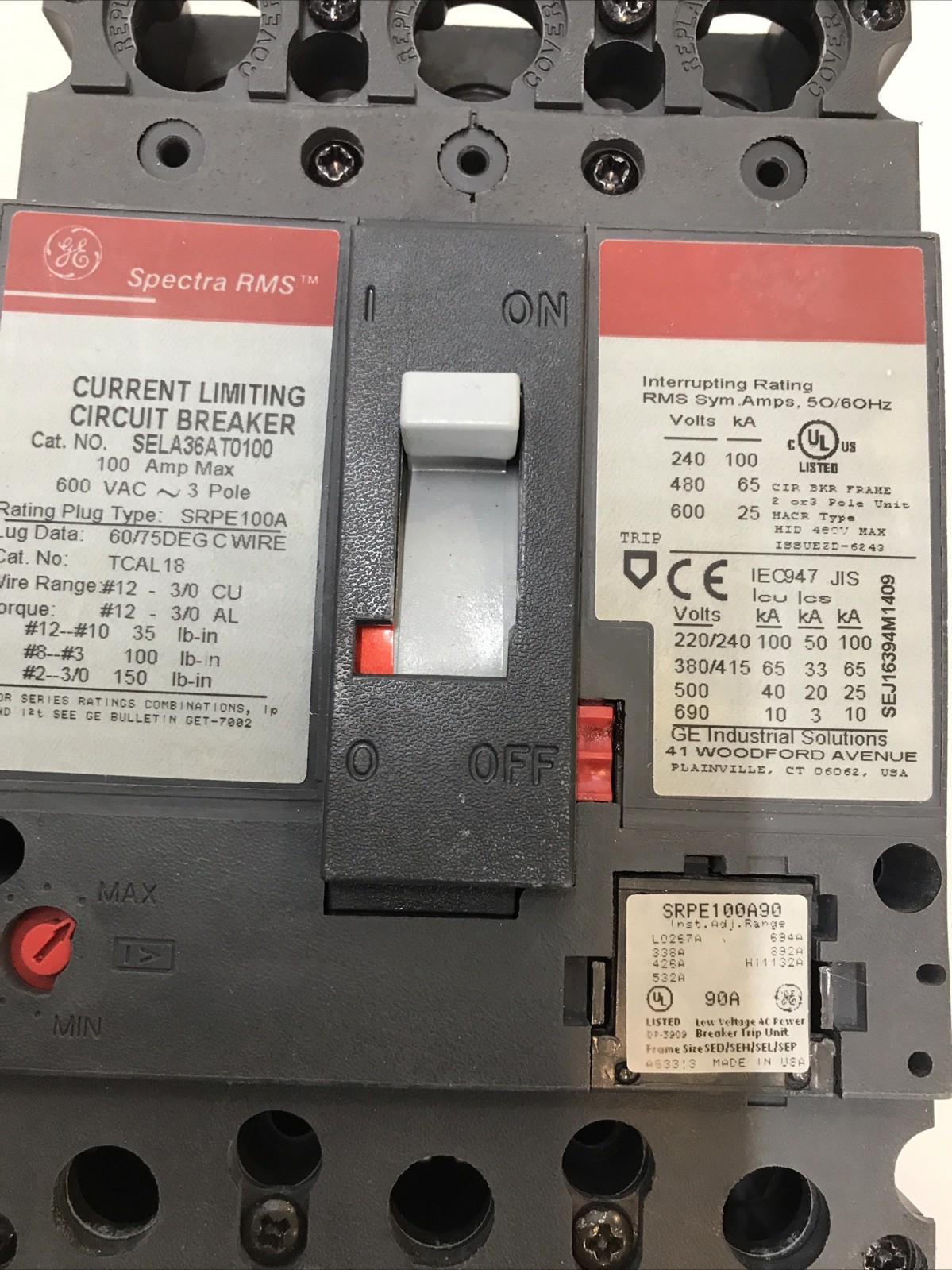 GE SELA36AT0100 /w 90A Trip 100A 600V 3Pole Spectra RMS Circuit Breaker
