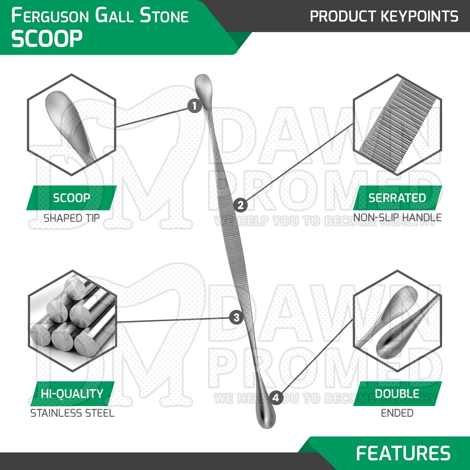 3 Pcs Ferguson Gall Stone Scoop 9.5″ S,M,L Double Ended Set Surgical OB/GYN Inst