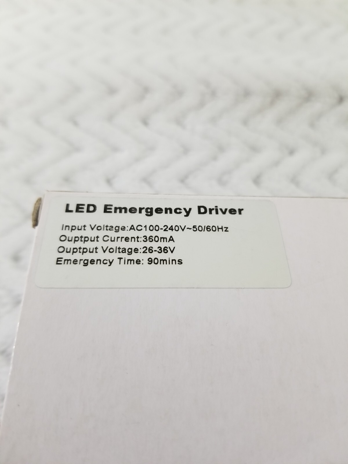 LED Emergency Driver 7W Pwr 90 Minute 28-36V 360mA Output AC100-240V 50/60Hz .6A