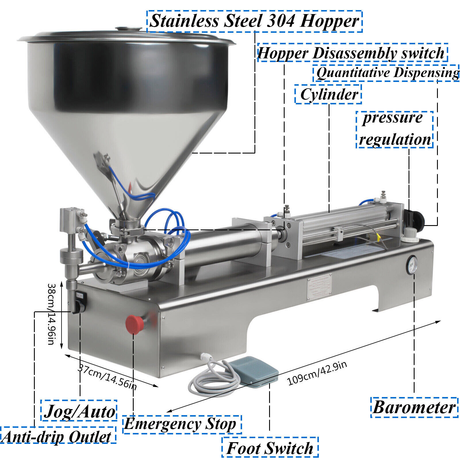 600ml Liquid Paste Filling Machine Pneumatic Bottle Pack Piston Filler + Hopper