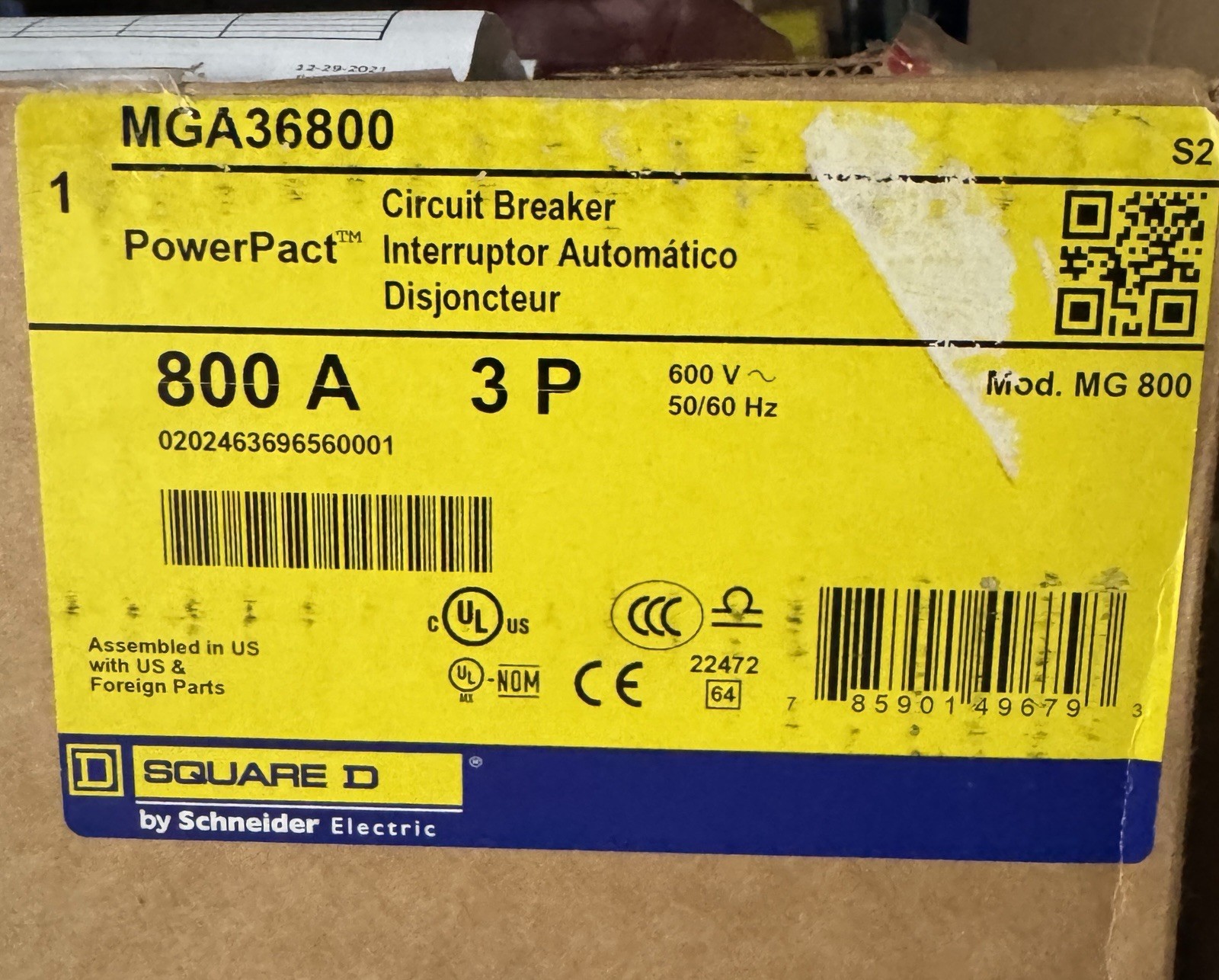 SQUARE D MGA36800 800A POWERPACT CIRCUIT BREAKER 3P 600V SCHNEIDER ELECTRIC NEW