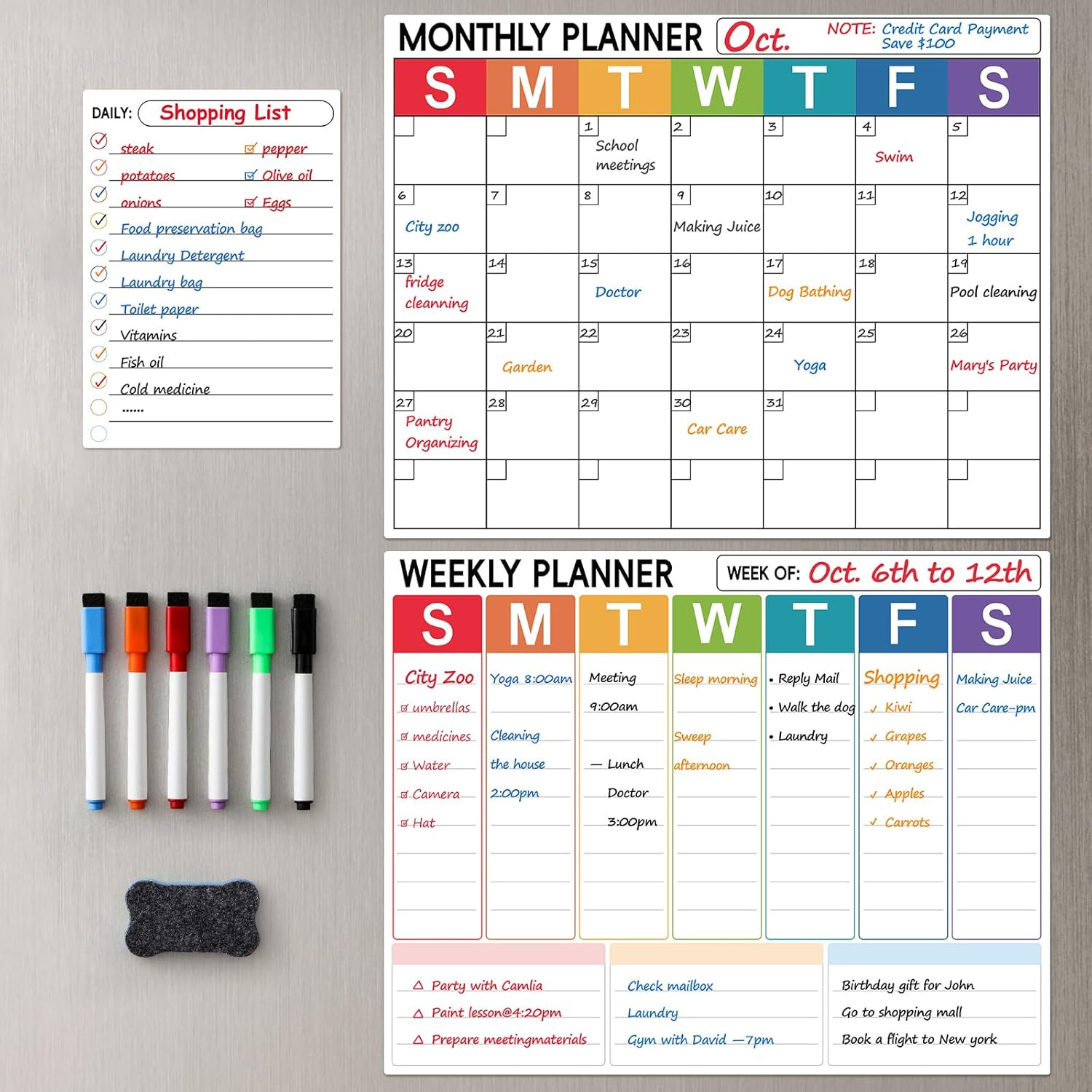 3 Pack Dry Erase Magnetic Calendar for Refrigerator – Monthly & Weekly & Daily P