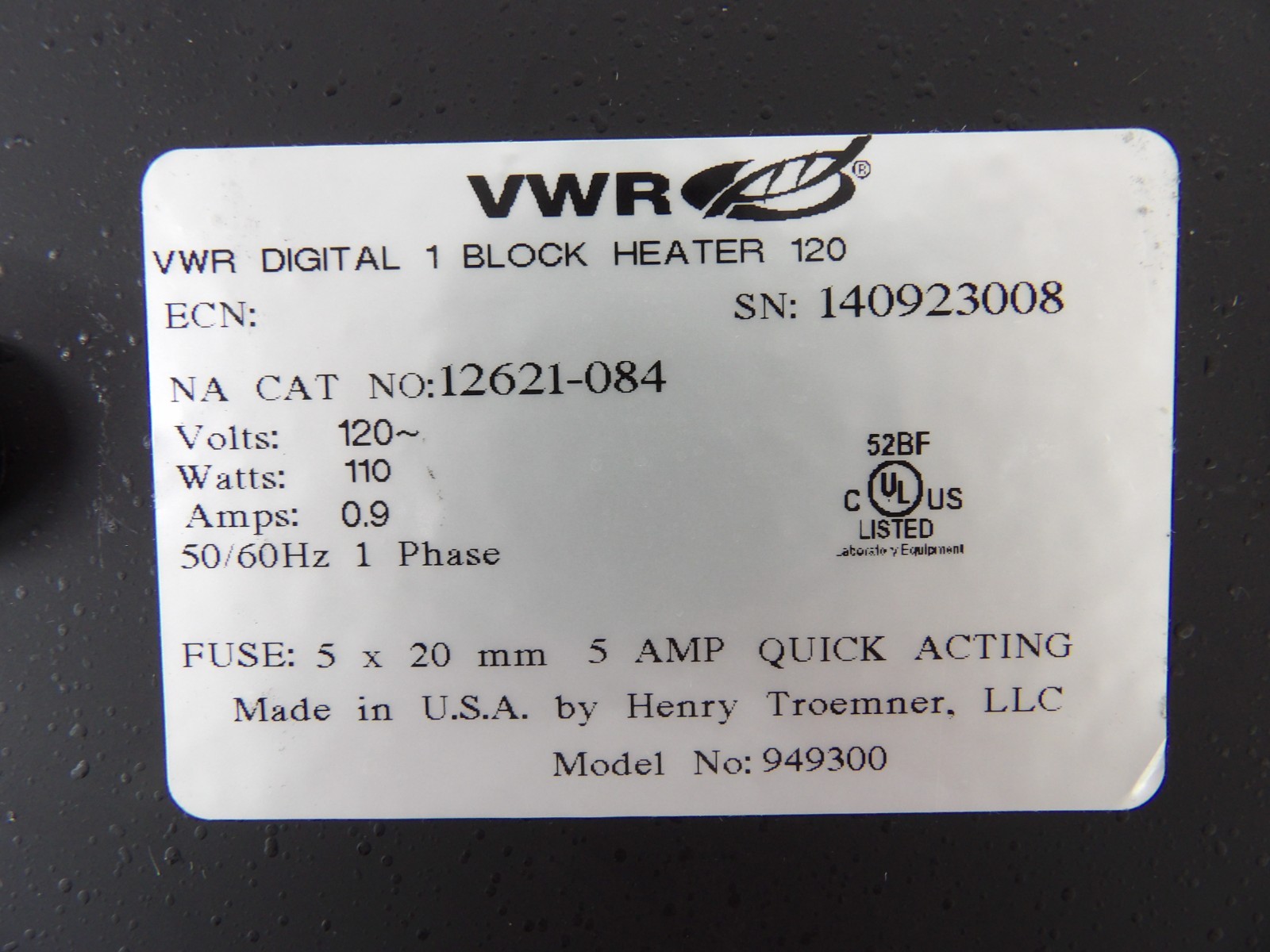 VWR 12621-084 Digital Block Heater 120 120V, 110W, 0.9A, 50/60Hz, 1 Phase