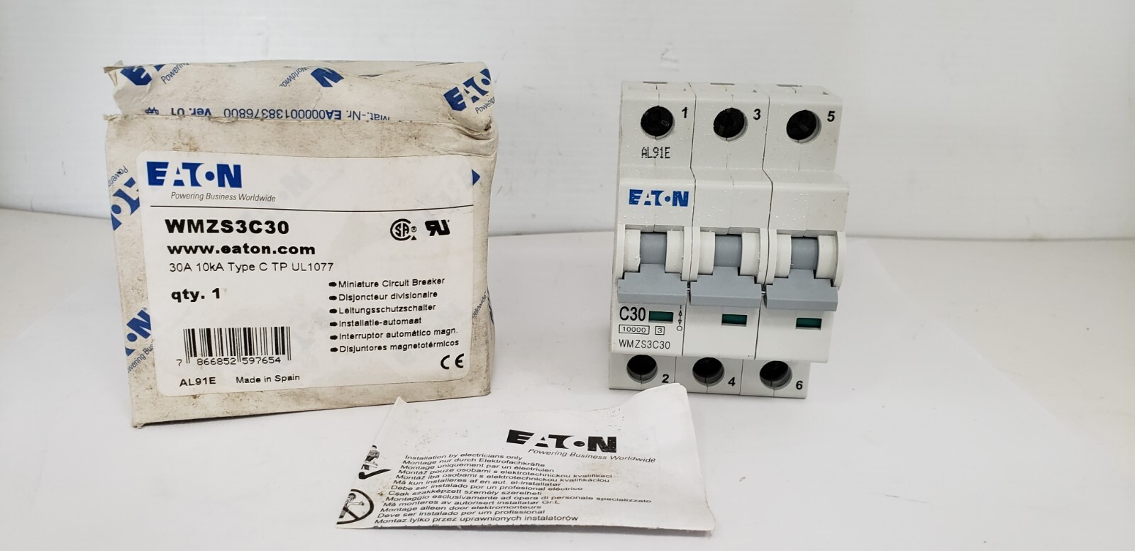 EATON WMZS3C30 (FAZ-C30/3) CIRCUIT BREAKER, 3P 30A, 10kA, 277/480VAC, TYPE C NIB