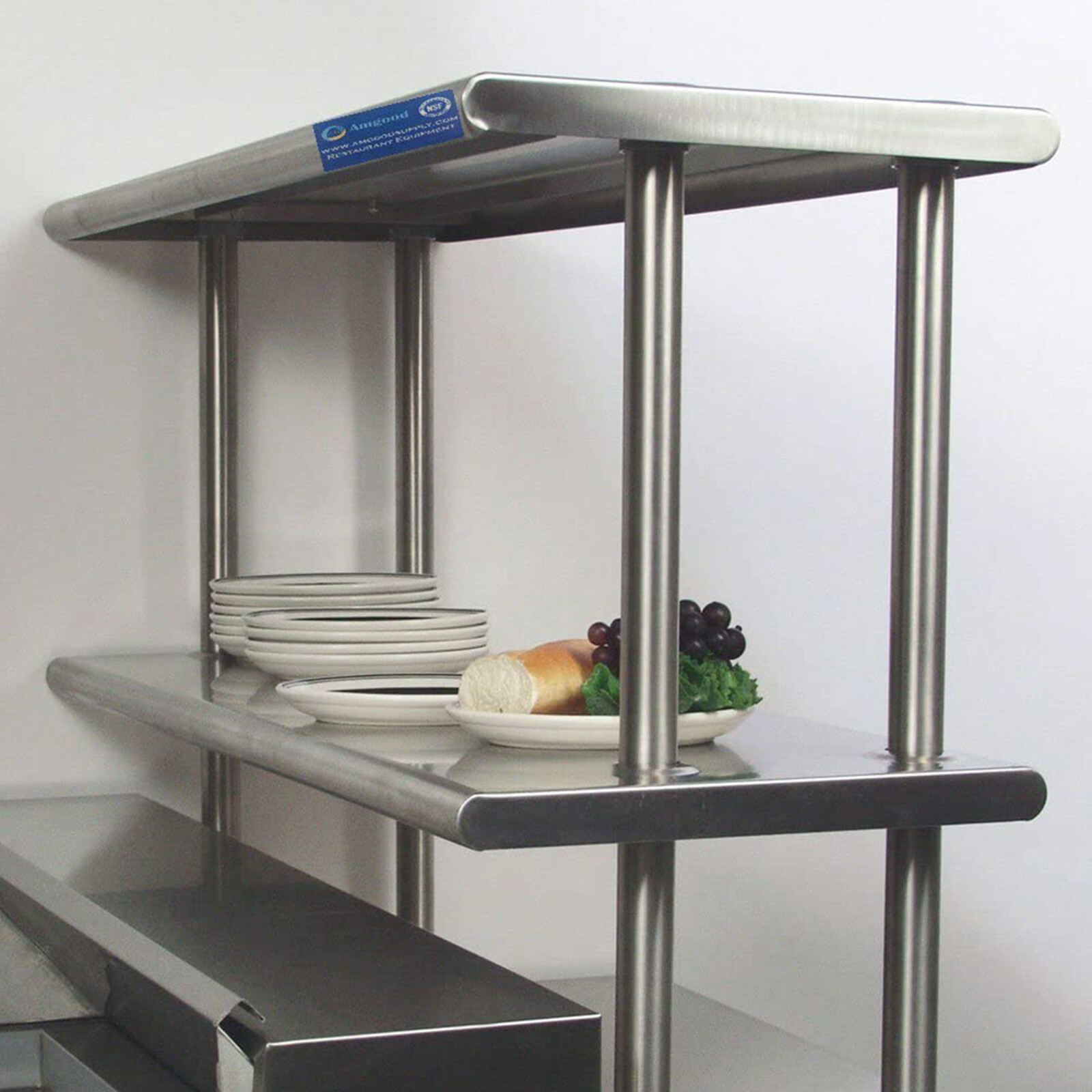 18″ x 48″ Stainless Steel Open Base Table With 12″ Wide Double Tier Overshelf