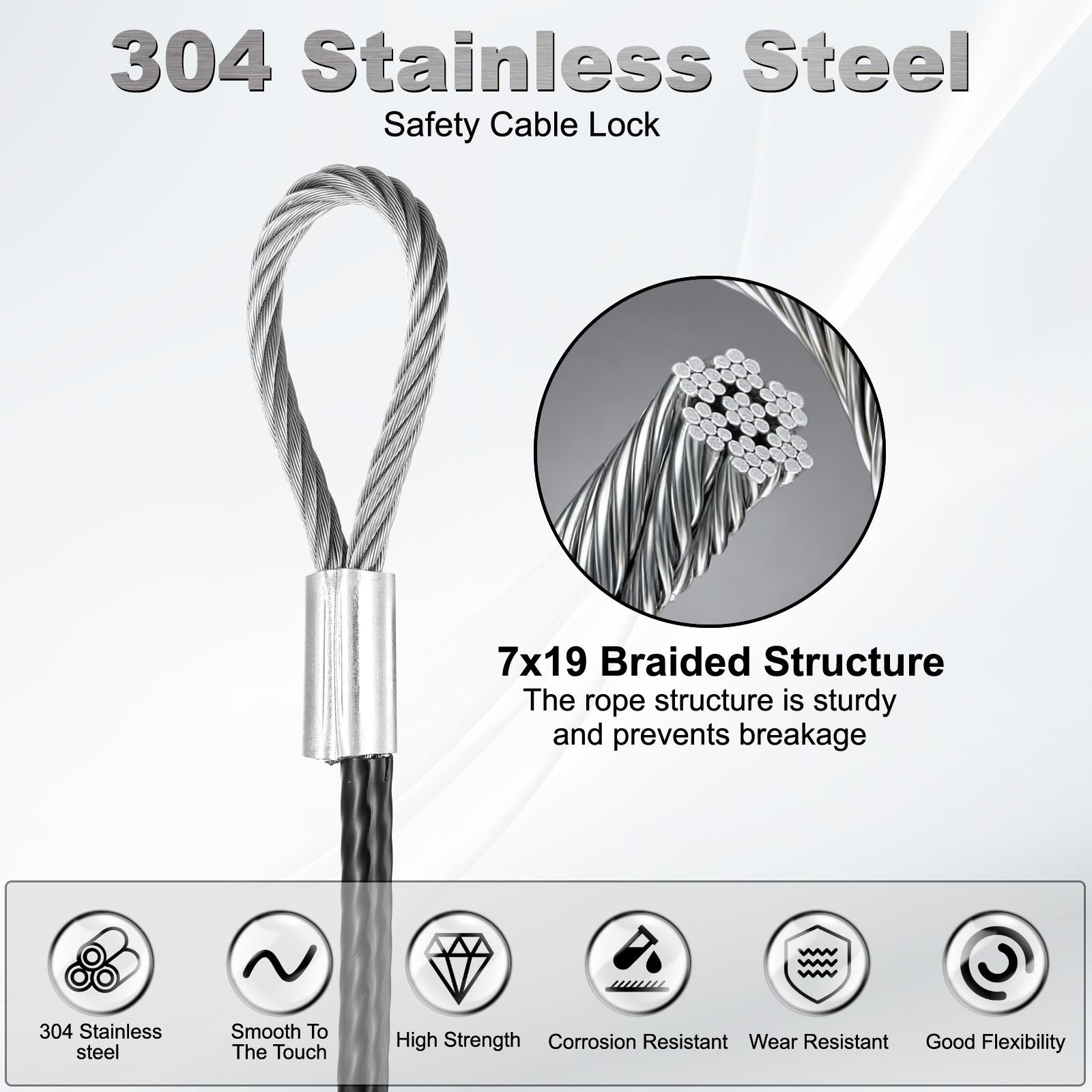 20 Inch Safety Cable Lock 304 Stainless Steel Wire Rope 0.26″ Dia Black