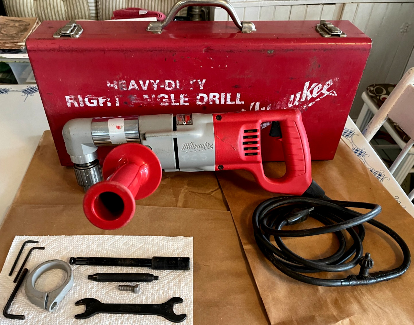 Milwaukee Right Angle 1/2″ Drill 1107-1 + Handle, Metal Case, Extender SEE VIDEO
