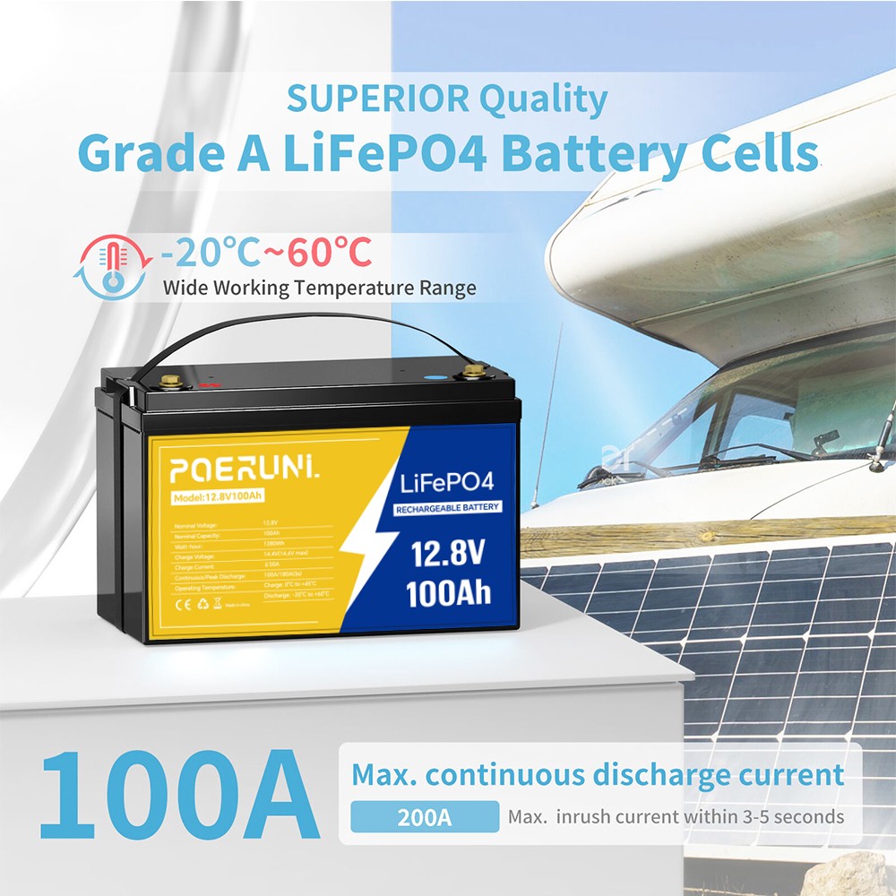 12V 100Ah LiFePO4 Lithium Battery Cycle Deep Built-in BMS for Solar RV Off-grid