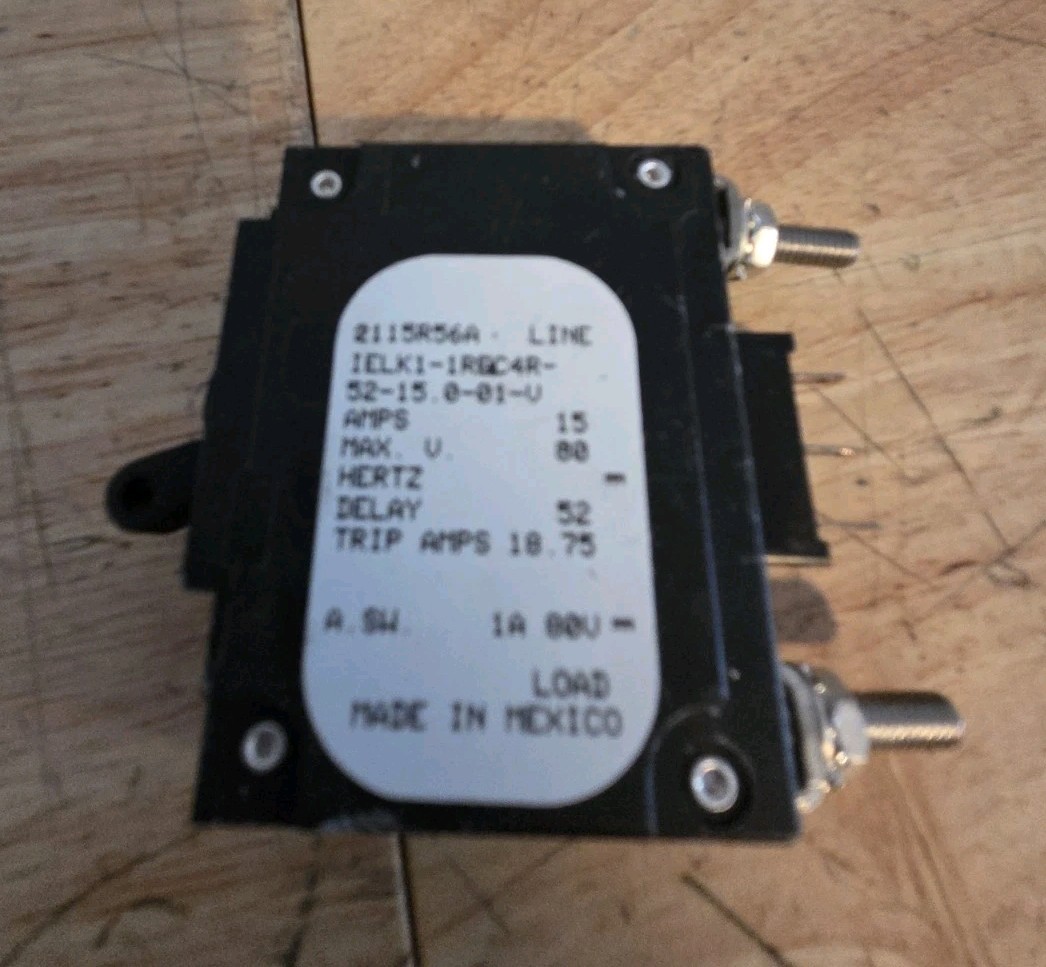 Airpax Circuit Breaker IELK1-1REC4R-52-15.0-01-V 15A 80V MAX (Qty 1)