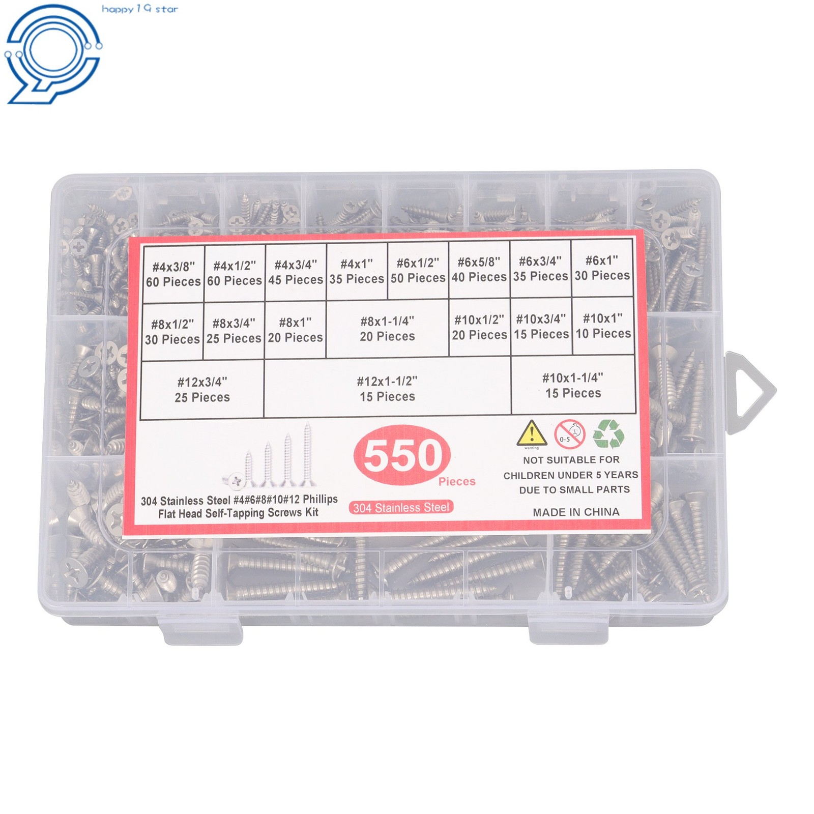 Phillips Flat Head Sheet Metal Screws, 550Piece 304 Stainless Steel Assortment