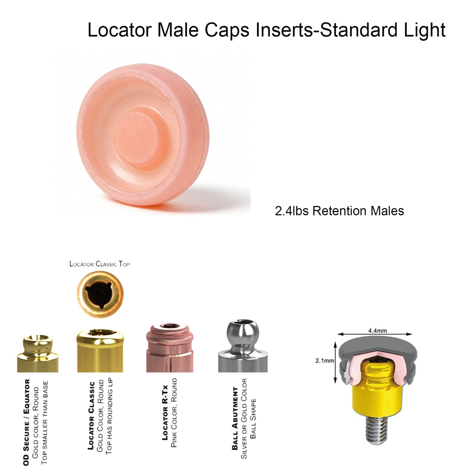 US Dental fit ZEST locator Male Cap Inserts Standard Angle Range 20°-1.2/2.4lbs